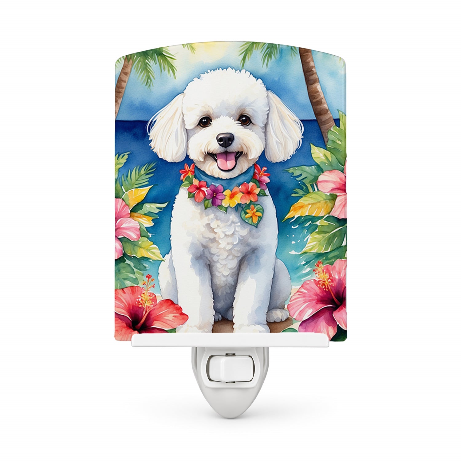 Bichon Frise Luau Ceramic Night Light Compact, UL-Certified, Ideal for Bedroom, Bathroom, Nursery, Hallway, Kitchen, 6x4x3, Multicolor