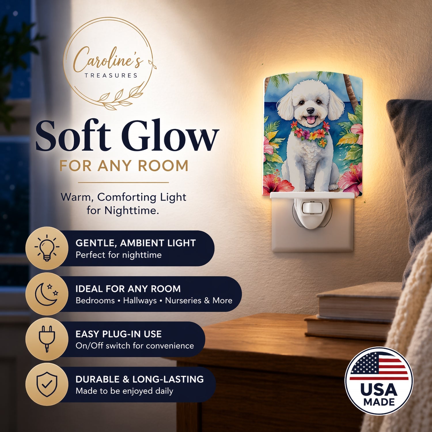 Bichon Frise Luau Ceramic Night Light Compact, UL-Certified, Ideal for Bedroom, Bathroom, Nursery, Hallway, Kitchen, 6x4x3, Multicolor