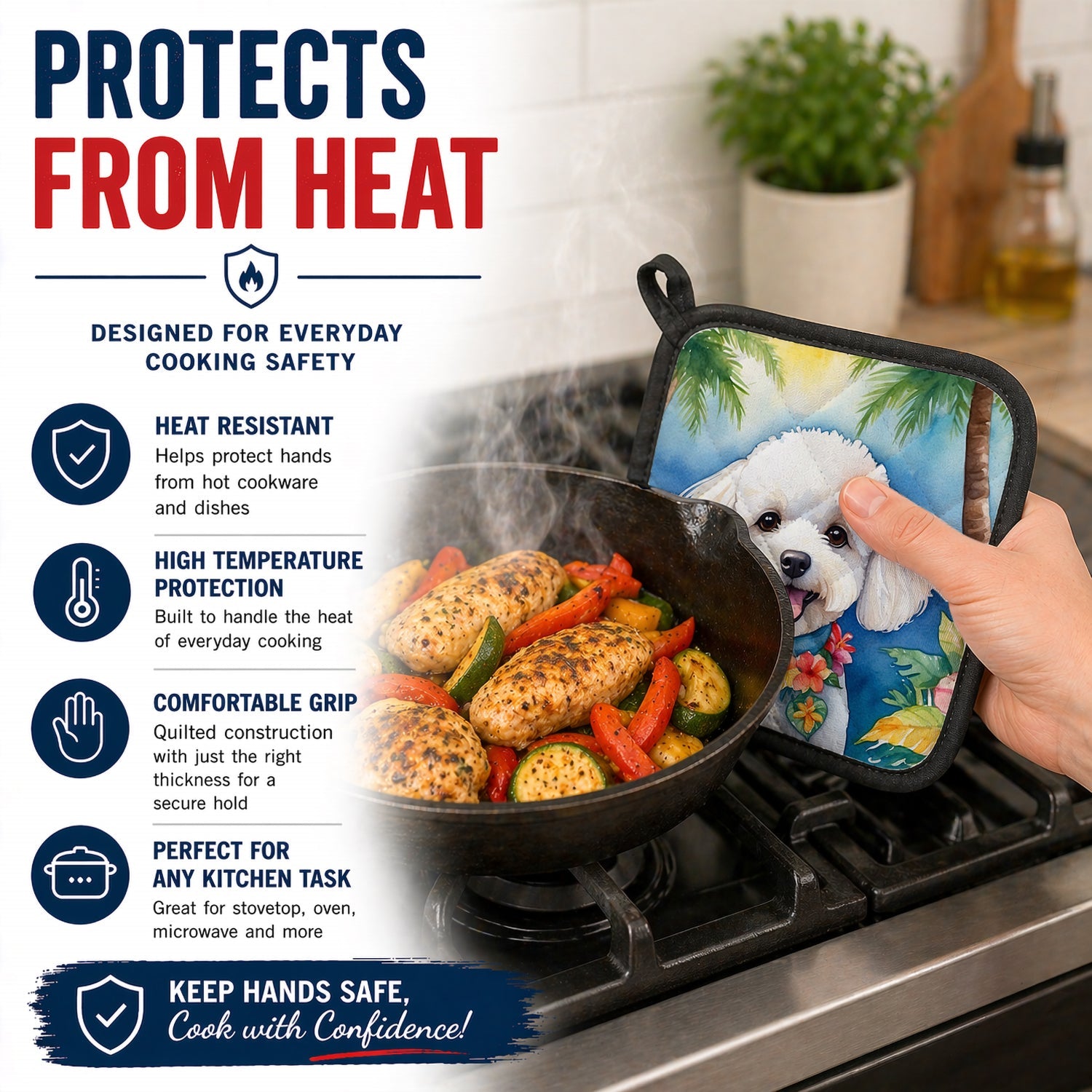 Bichon Frise Luau Pot Holder Set of 2 Heat Resistant Quilted Hot Pads 7.5 x 7.5 Inch, Insulated Kitchen Trivets for Cooking & Baking