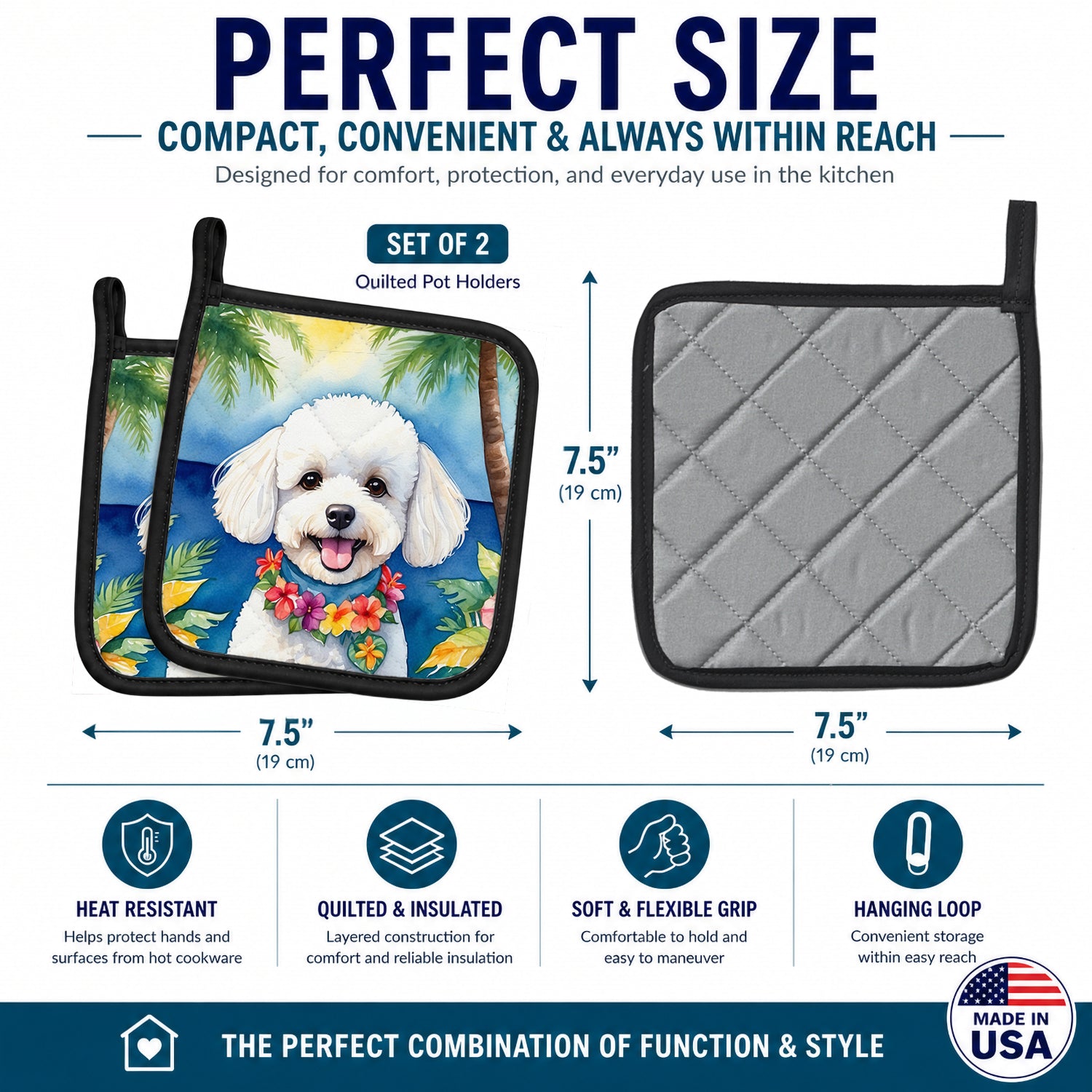 Bichon Frise Luau Pot Holder Set of 2 Heat Resistant Quilted Hot Pads 7.5 x 7.5 Inch, Insulated Kitchen Trivets for Cooking & Baking