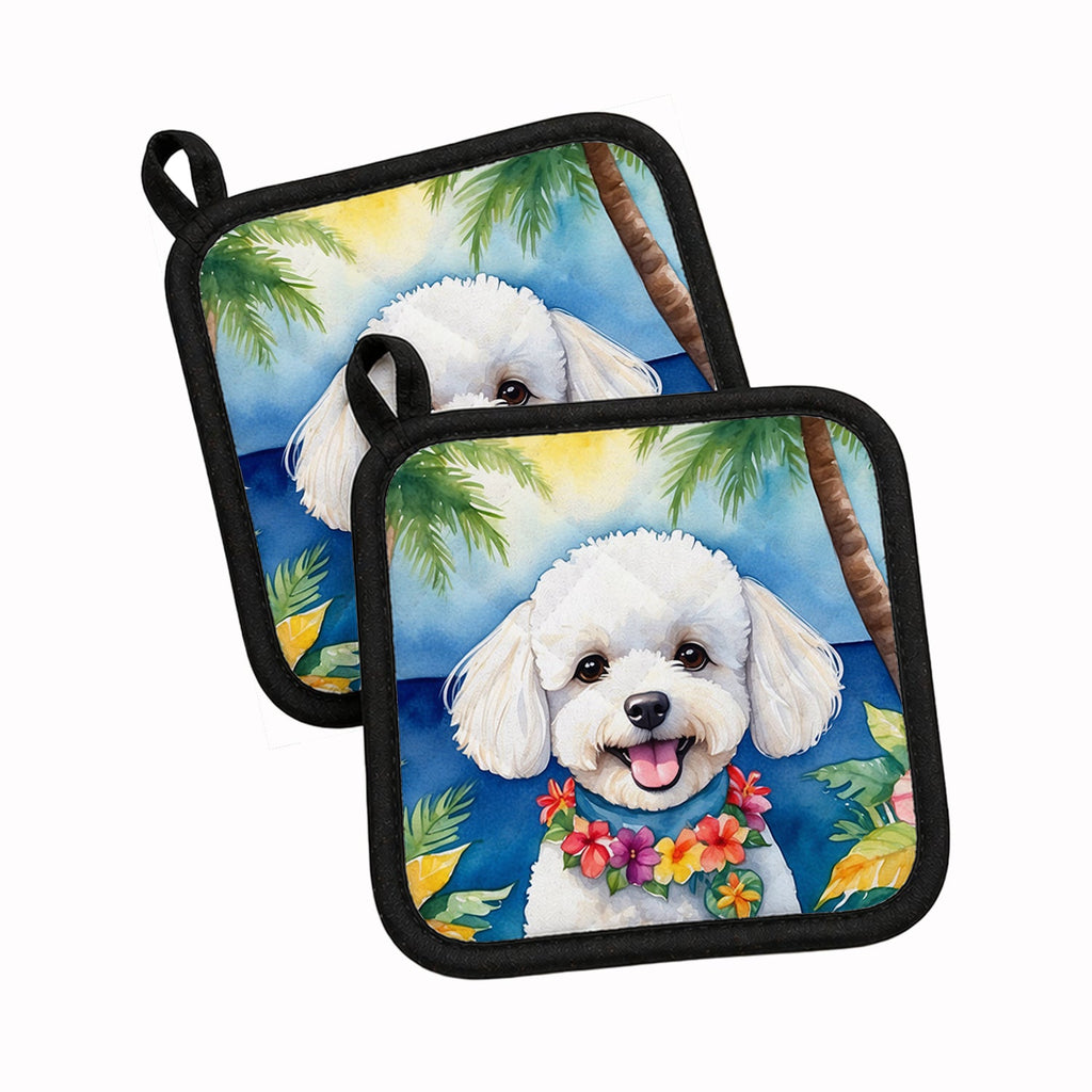 Bichon Frise Luau Pot Holder Set of 2 Heat Resistant Quilted Hot Pads 7.5 x 7.5 Inch, Insulated Kitchen Trivets for Cooking & Baking