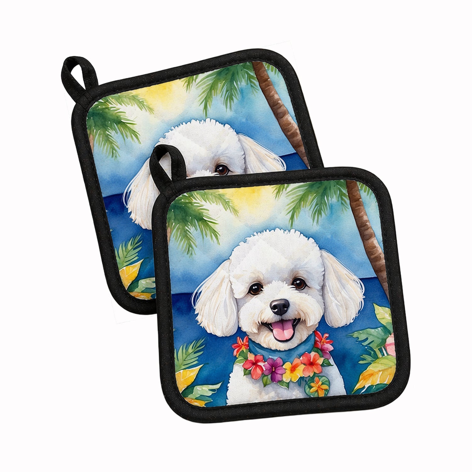 Bichon Frise Luau Pot Holder Set of 2 Heat Resistant Quilted Hot Pads 7.5 x 7.5 Inch, Insulated Kitchen Trivets for Cooking & Baking