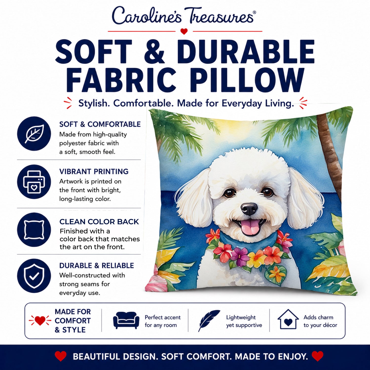 Bichon Frise Luau Decorative Throw Pillow 14x14 Indoor Outdoor Accent Cushion, Fabric Cover with Insert for Sofa, Bed, Porch & Living Room