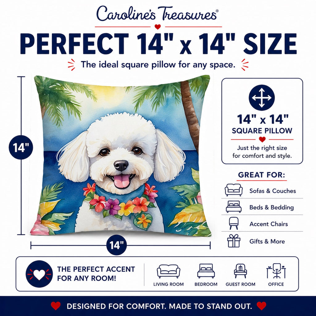Bichon Frise Luau Decorative Throw Pillow 14x14 Indoor Outdoor Accent Cushion, Fabric Cover with Insert for Sofa, Bed, Porch & Living Room