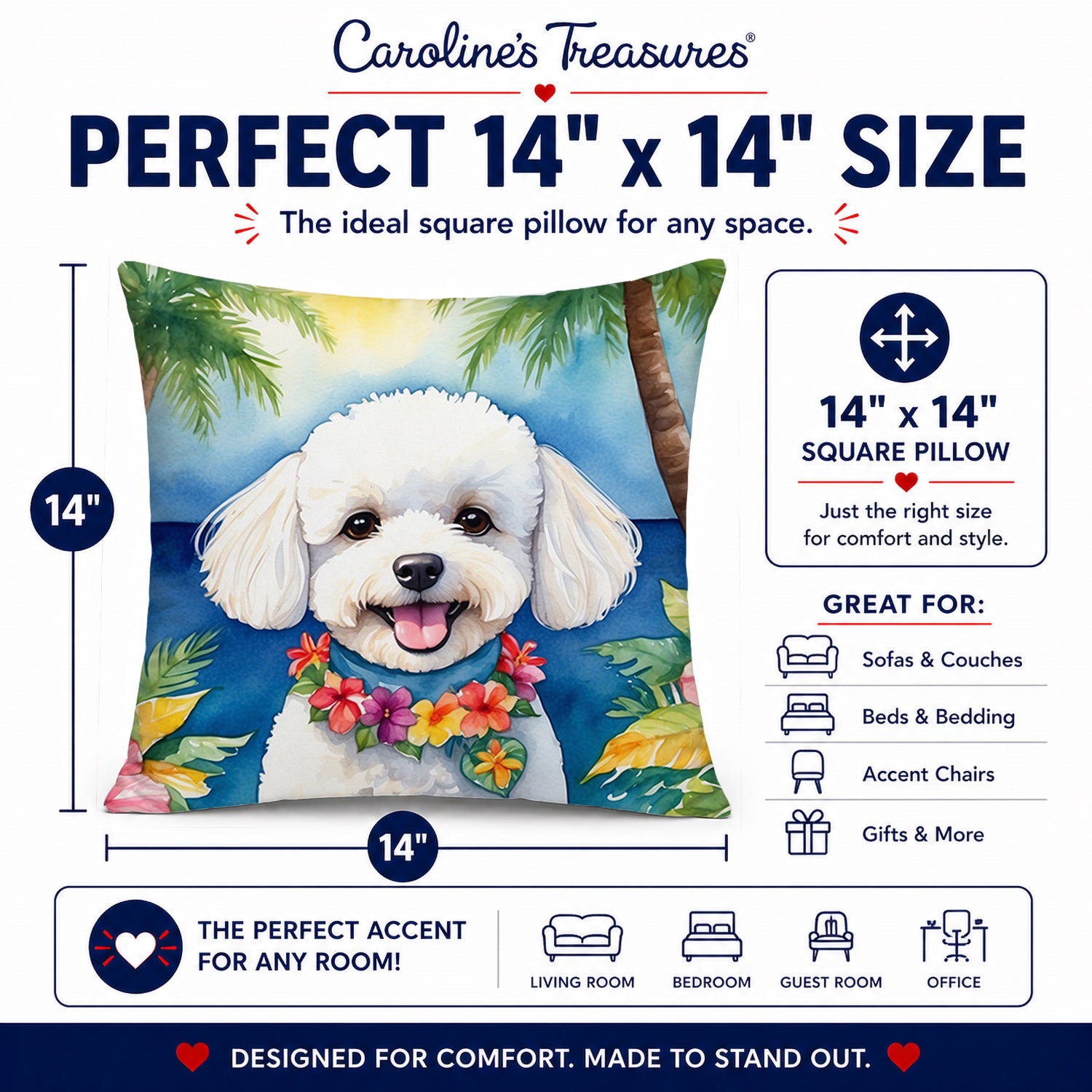 Bichon Frise Luau Decorative Throw Pillow 14x14 Indoor Outdoor Accent Cushion, Fabric Cover with Insert for Sofa, Bed, Porch & Living Room