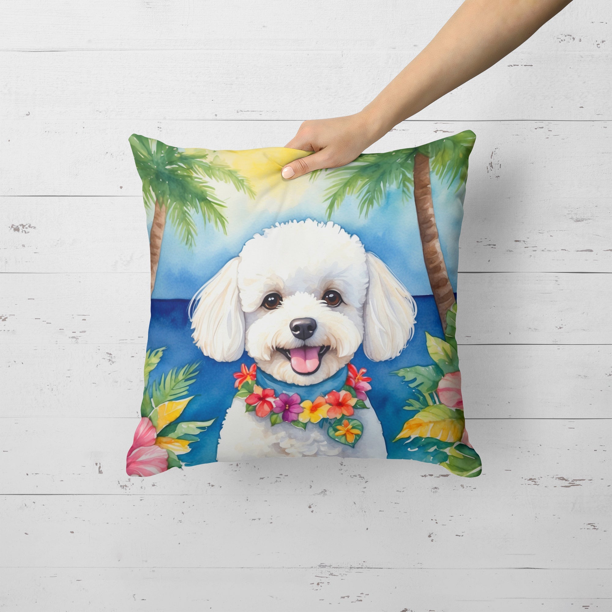 Bichon Frise Luau Decorative Throw Pillow 18x18 Indoor Outdoor Accent Cushion, Fabric Cover with Insert for Sofa, Bed, Porch & Living Room