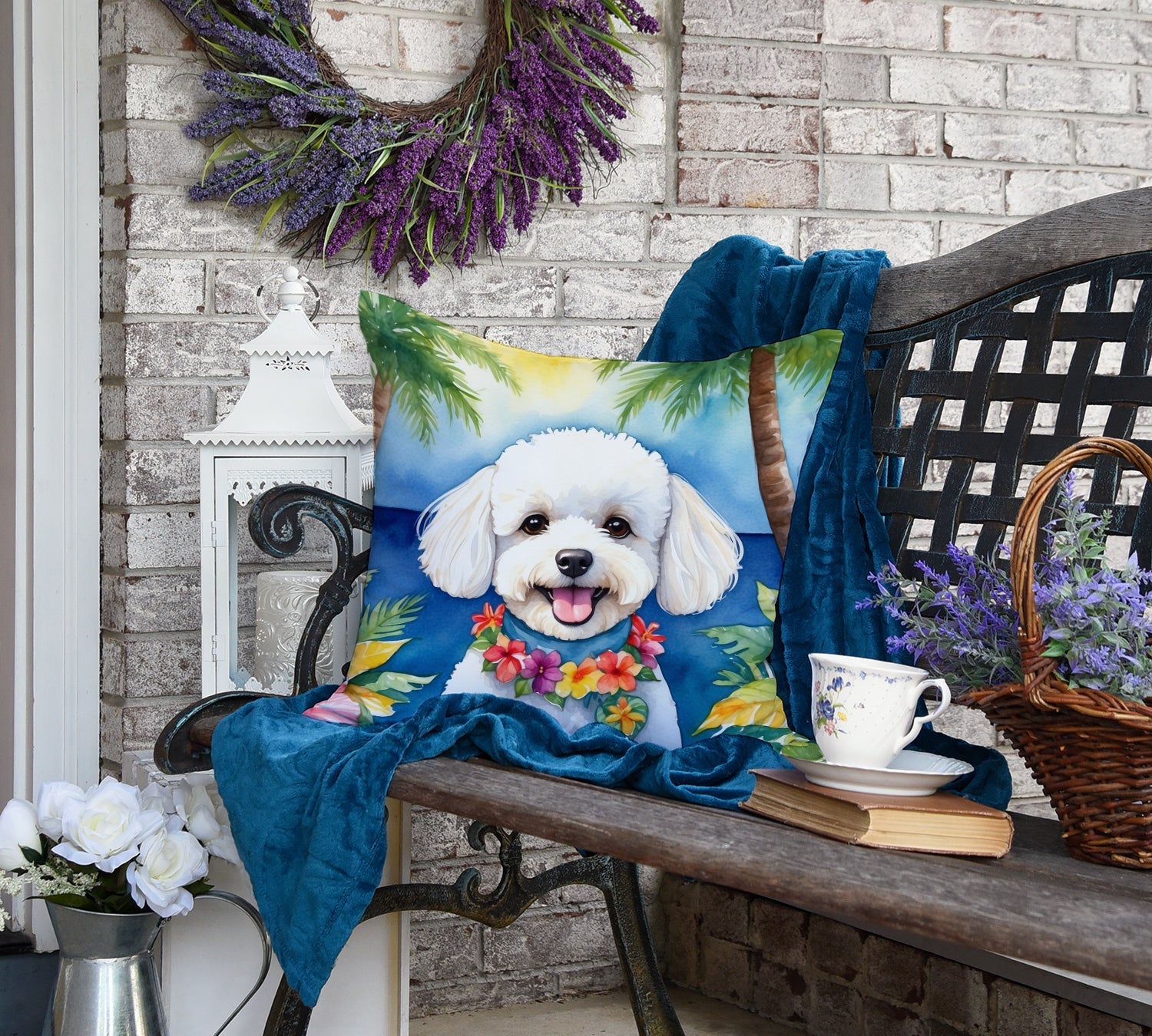 Bichon Frise Luau Decorative Throw Pillow 18x18 Indoor Outdoor Accent Cushion, Fabric Cover with Insert for Sofa, Bed, Porch & Living Room