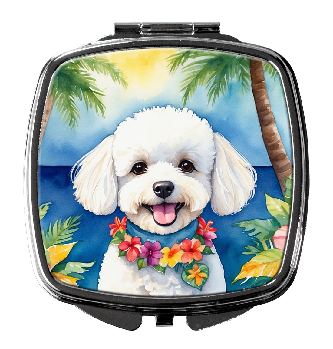 Bichon Frise Luau Compact Mirror Decorative Travel Makeup Mirror for Women Girls Gifts Pocket Makeup Mirror Folding Handheld