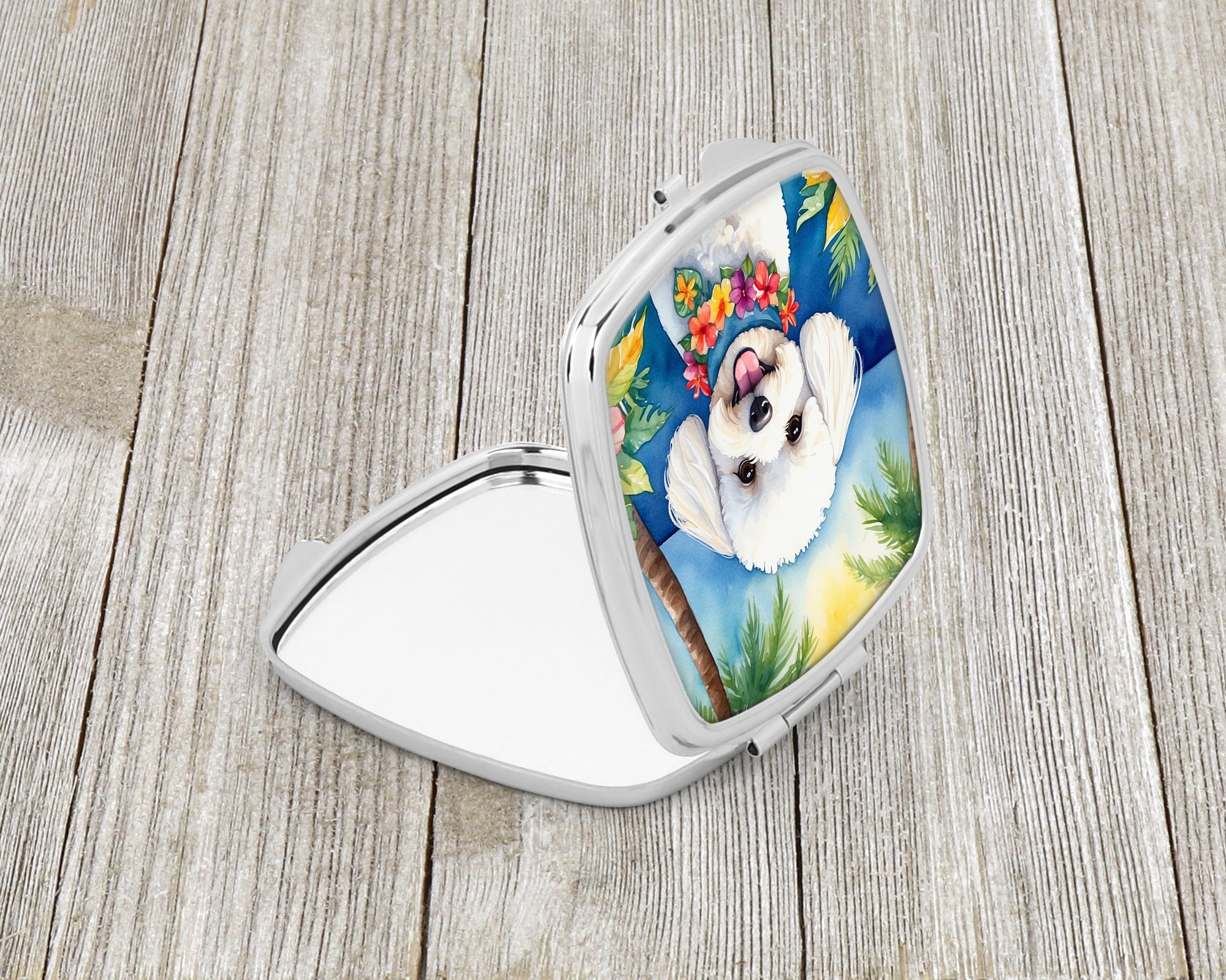 Bichon Frise Luau Compact Mirror Decorative Travel Makeup Mirror for Women Girls Gifts Pocket Makeup Mirror Folding Handheld