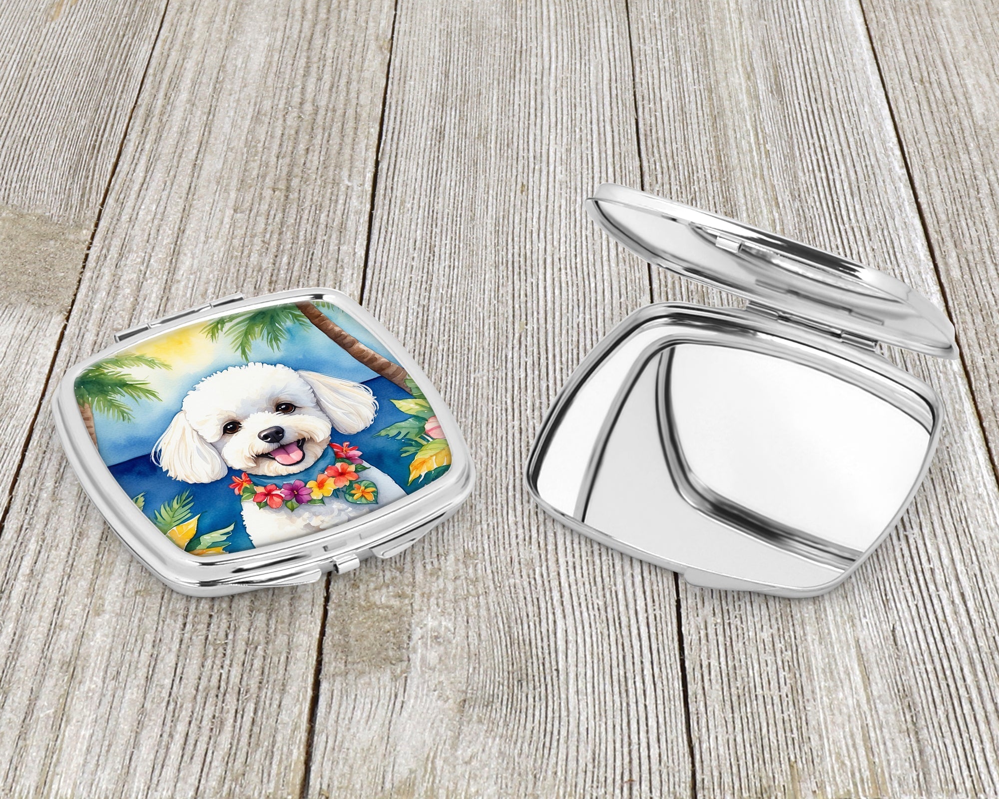 Bichon Frise Luau Compact Mirror Decorative Travel Makeup Mirror for Women Girls Gifts Pocket Makeup Mirror Folding Handheld