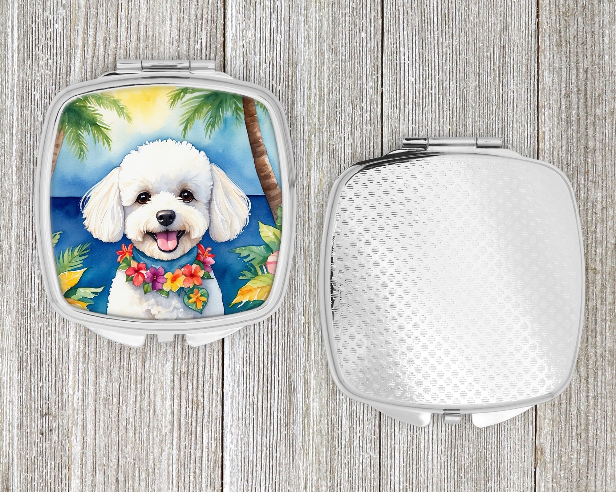 Bichon Frise Luau Compact Mirror Decorative Travel Makeup Mirror for Women Girls Gifts Pocket Makeup Mirror Folding Handheld