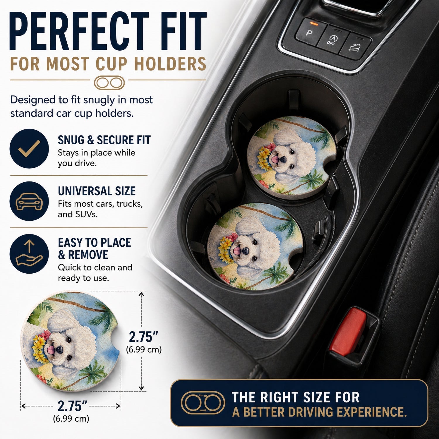 Bichon Frise Luau Set of 2 Cup Holder Car Coasters Absorbent Round Sandstone Coasters Gifts for Men or Women, 2.5, Multicolor