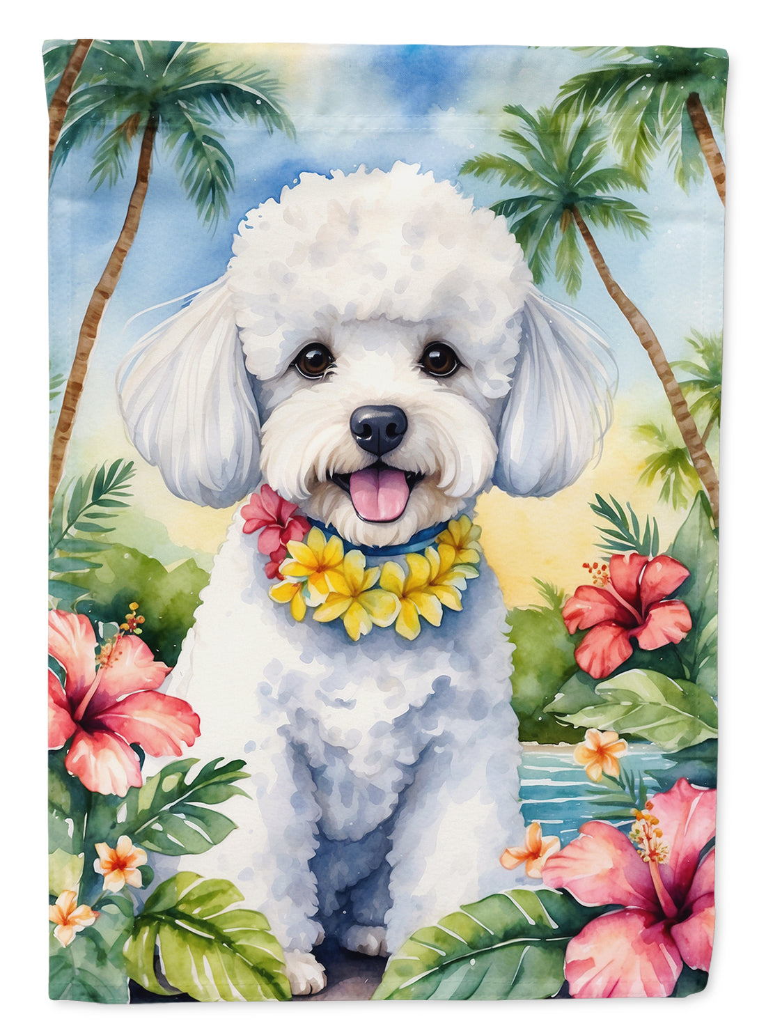 Bichon Frise Luau House Flag 28x40 Porch Sleeve Pole Decorative Outside Yard Banner Artwork Wall Hanging, Polyester