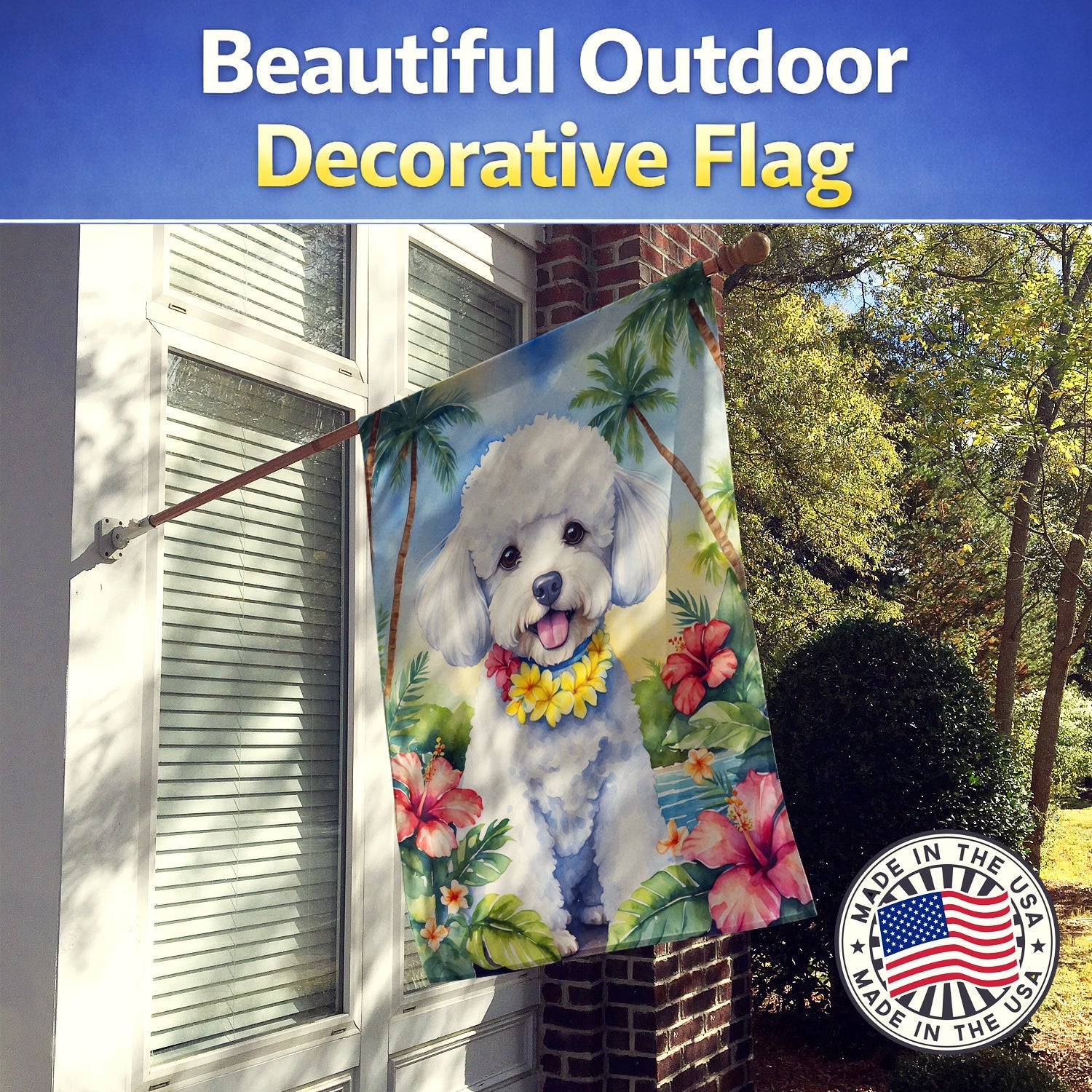 Bichon Frise Luau House Flag 28x40 Porch Sleeve Pole Decorative Outside Yard Banner Artwork Wall Hanging, Polyester