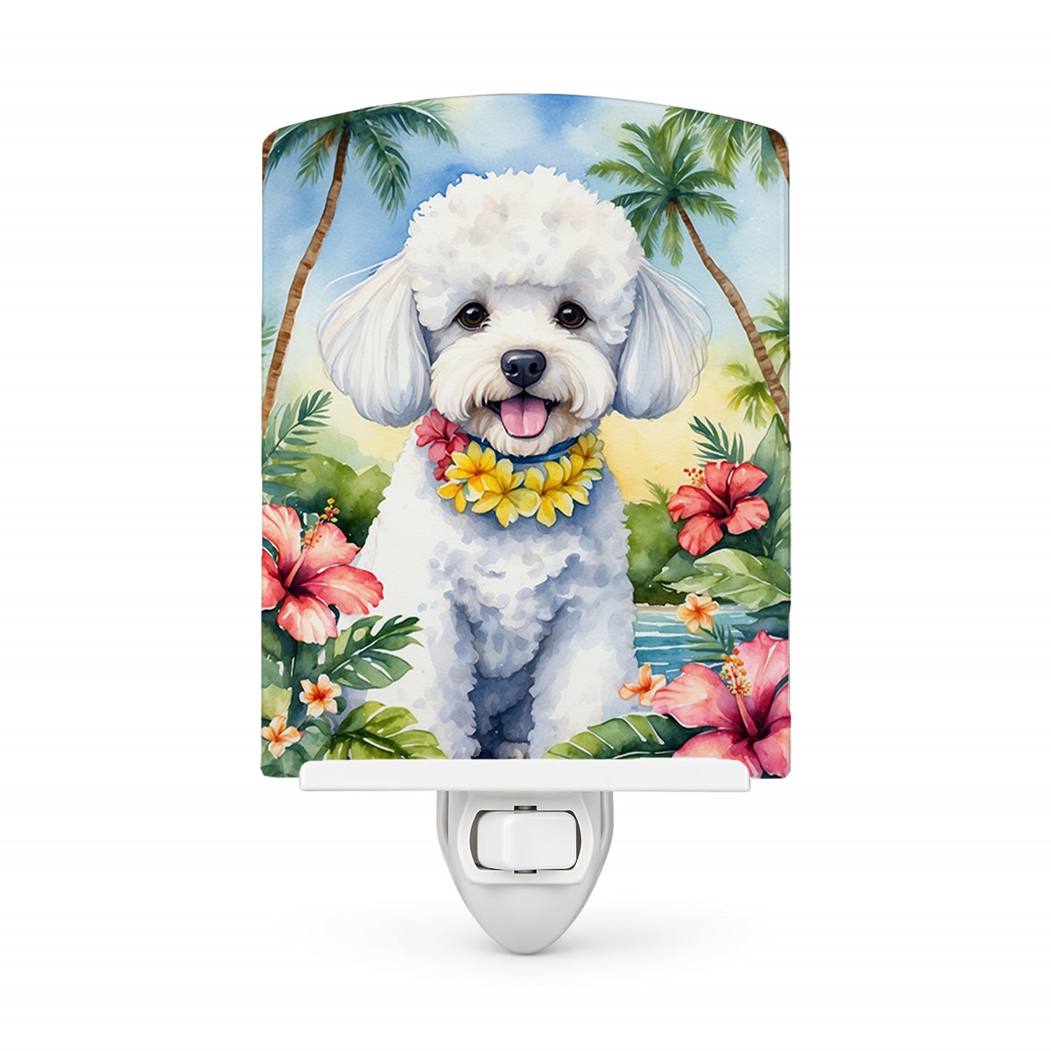 Bichon Frise Luau Ceramic Night Light Compact, UL-Certified, Ideal for Bedroom, Bathroom, Nursery, Hallway, Kitchen, 6x4x3, Multicolor
