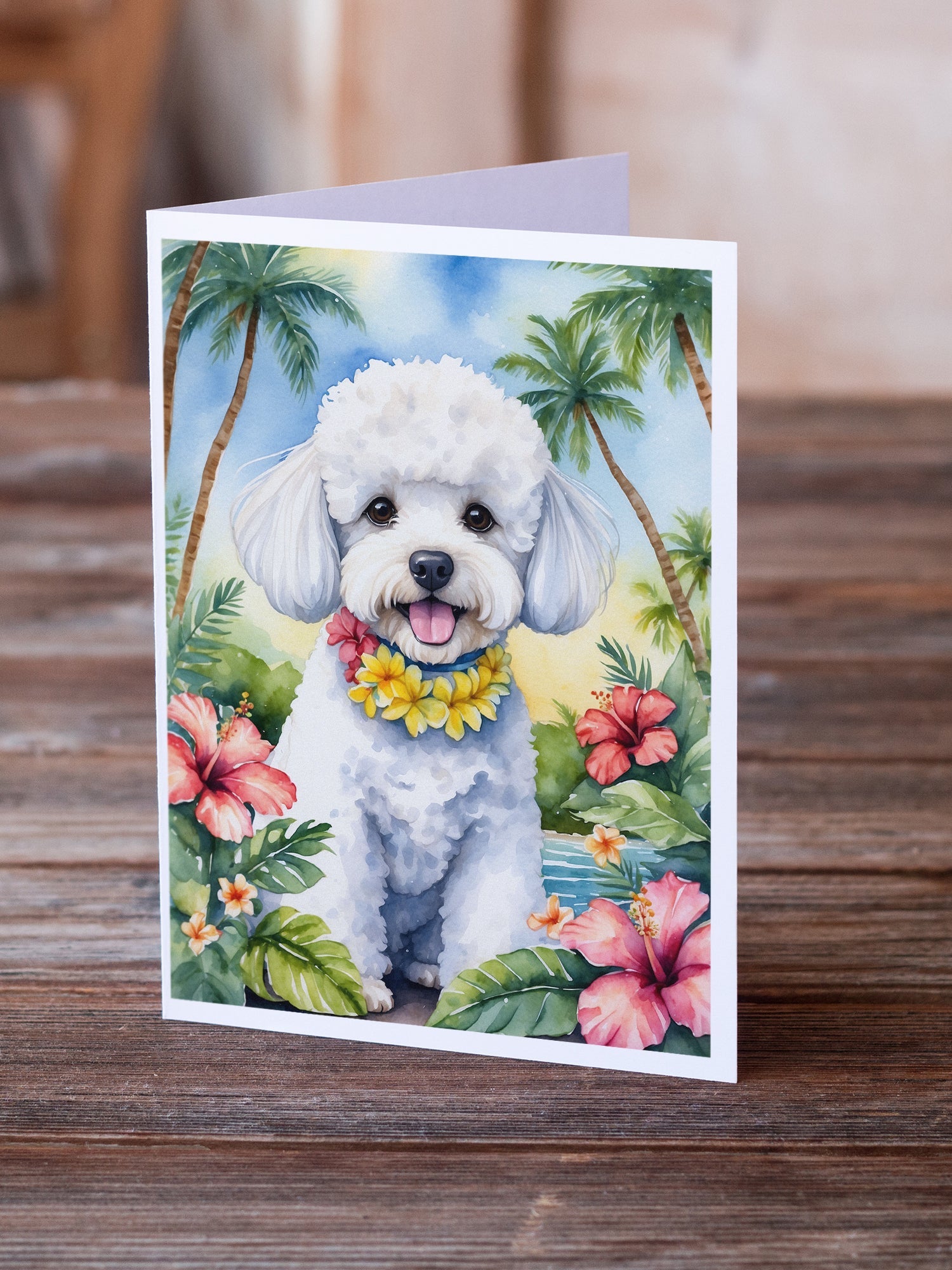 Bichon Frise Luau Greeting Cards Pack of 8 Blank Cards with Envelopes Whimsical A7 Size 5x7