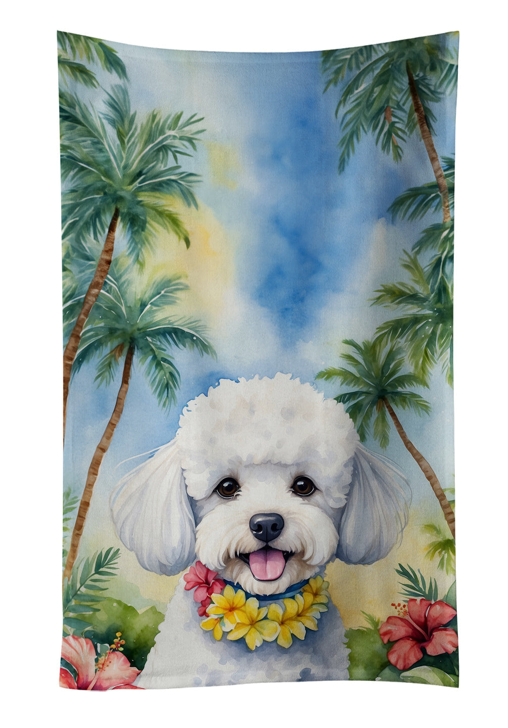 Bichon Frise Luau Kitchen Towel Velour Plush Front and Cotton Loop Back Machine Washable