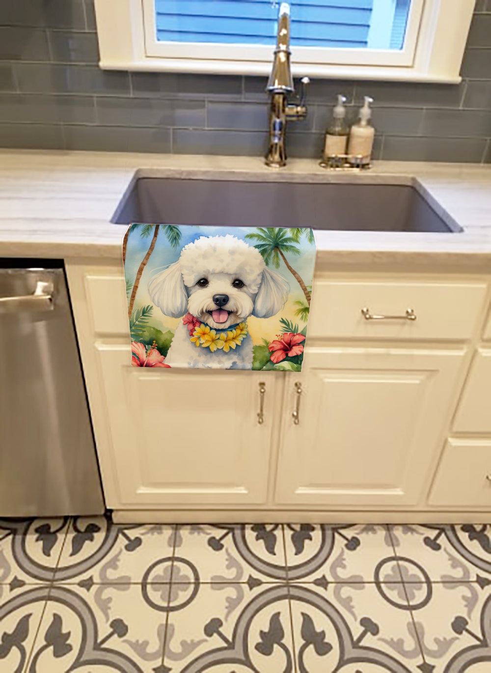 Bichon Frise Luau Kitchen Towel Velour Plush Front and Cotton Loop Back Machine Washable