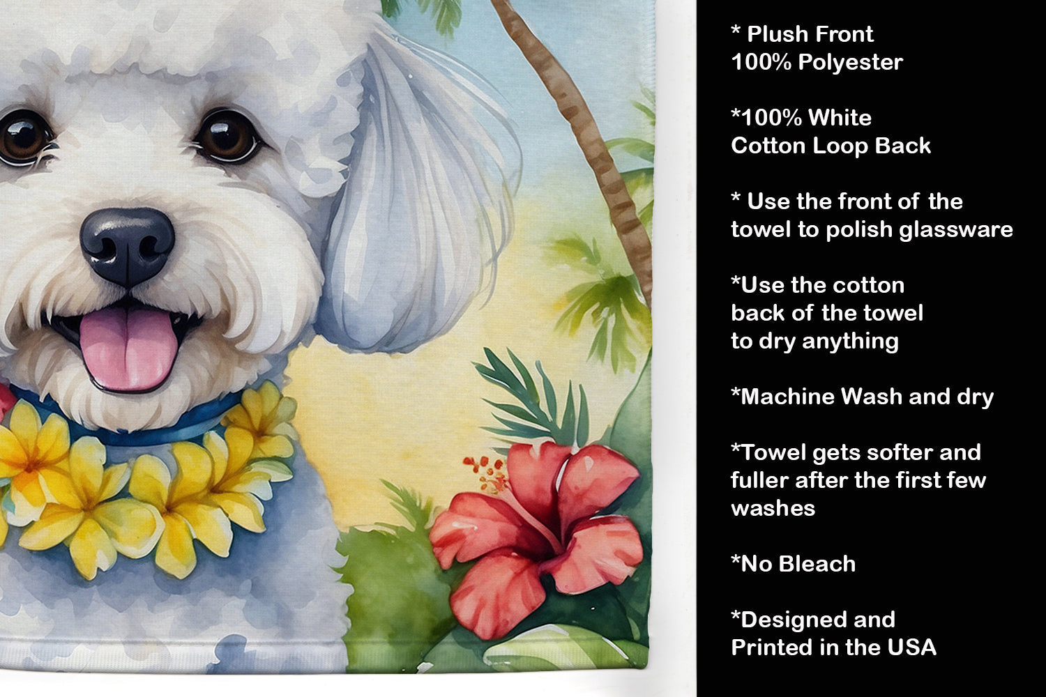 Bichon Frise Luau Kitchen Towel Velour Plush Front and Cotton Loop Back Machine Washable