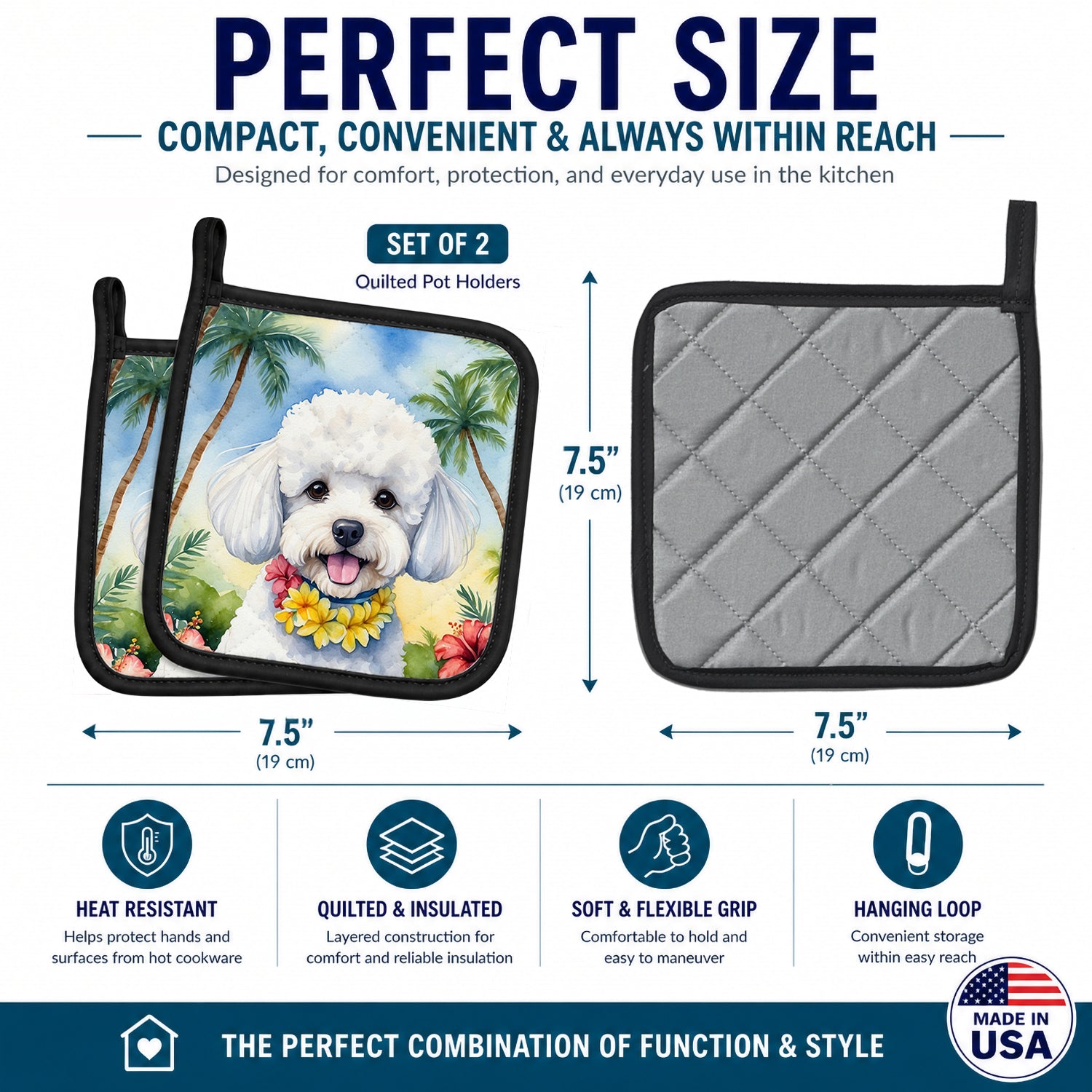 Bichon Frise Luau Pot Holder Set of 2 Heat Resistant Quilted Hot Pads 7.5 x 7.5 Inch, Insulated Kitchen Trivets for Cooking & Baking