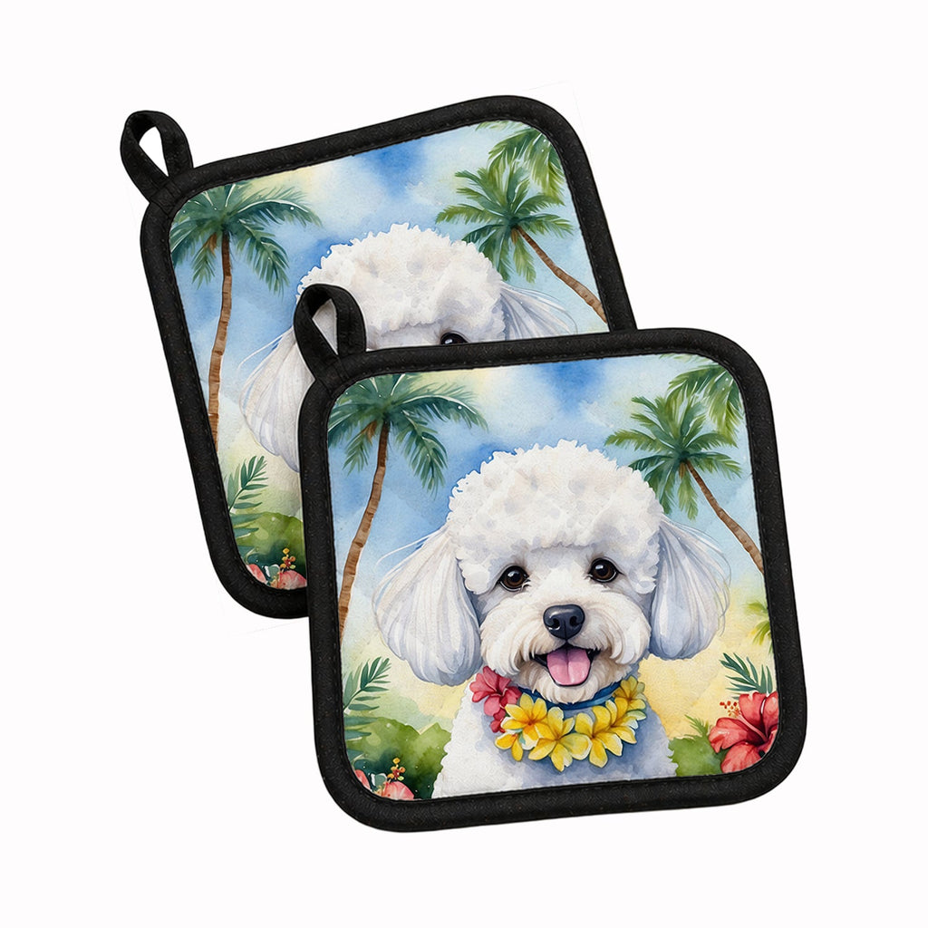 Bichon Frise Luau Pot Holder Set of 2 Heat Resistant Quilted Hot Pads 7.5 x 7.5 Inch, Insulated Kitchen Trivets for Cooking & Baking