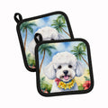 Bichon Frise Luau Pot Holder Set of 2 Heat Resistant Quilted Hot Pads 7.5 x 7.5 Inch, Insulated Kitchen Trivets for Cooking & Baking