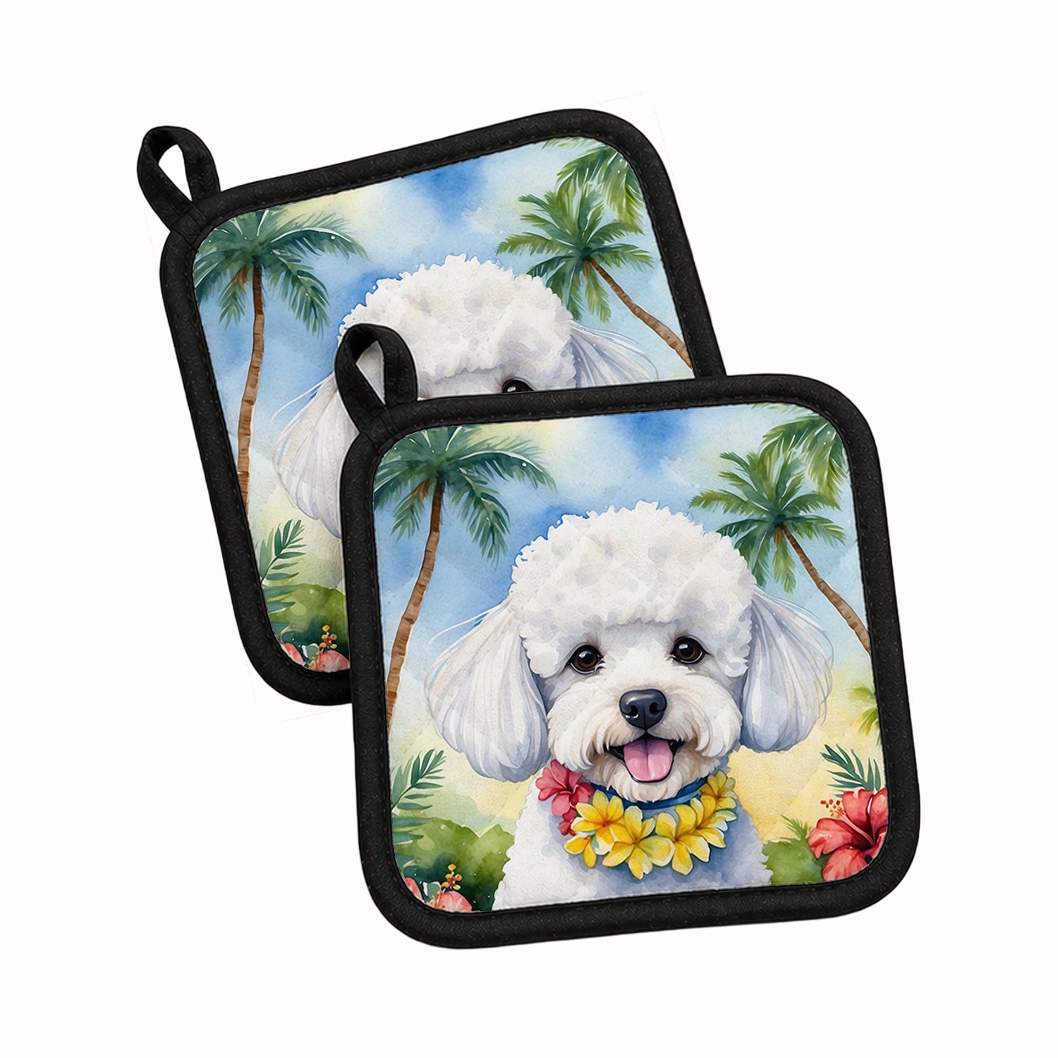Bichon Frise Luau Pot Holder Set of 2 Heat Resistant Quilted Hot Pads 7.5 x 7.5 Inch, Insulated Kitchen Trivets for Cooking & Baking
