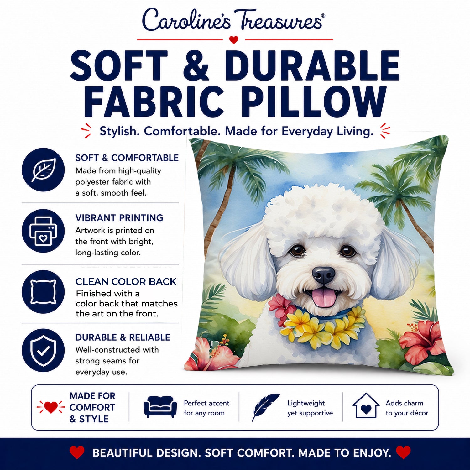 Bichon Frise Luau Decorative Throw Pillow 14x14 Indoor Outdoor Accent Cushion, Fabric Cover with Insert for Sofa, Bed, Porch & Living Room