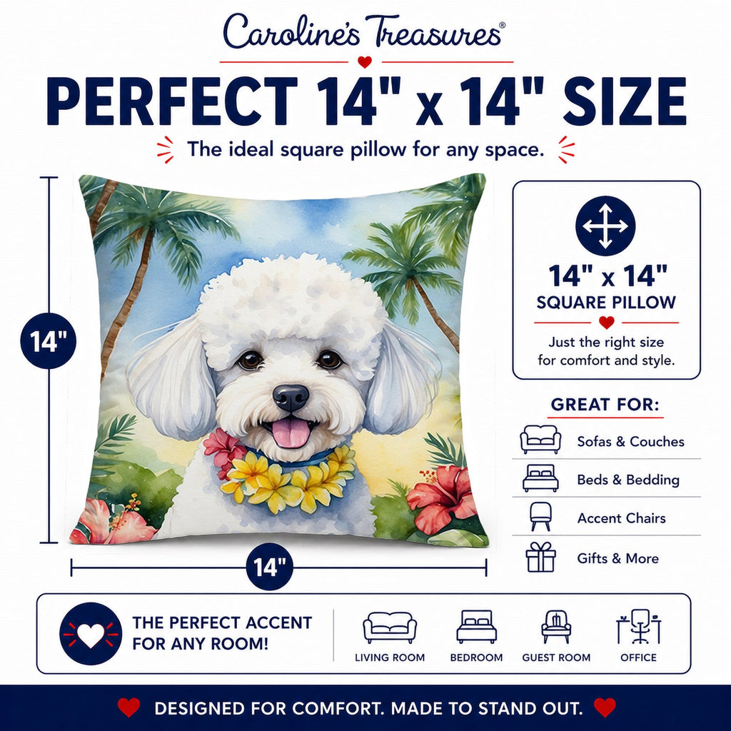 Bichon Frise Luau Decorative Throw Pillow 14x14 Indoor Outdoor Accent Cushion, Fabric Cover with Insert for Sofa, Bed, Porch & Living Room
