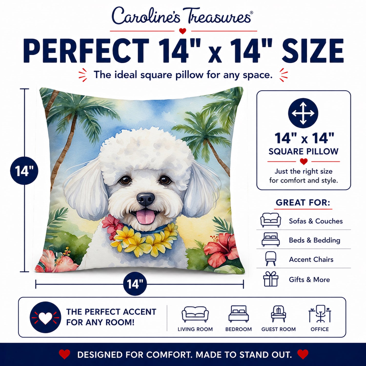 Bichon Frise Luau Decorative Throw Pillow 14x14 Indoor Outdoor Accent Cushion, Fabric Cover with Insert for Sofa, Bed, Porch & Living Room