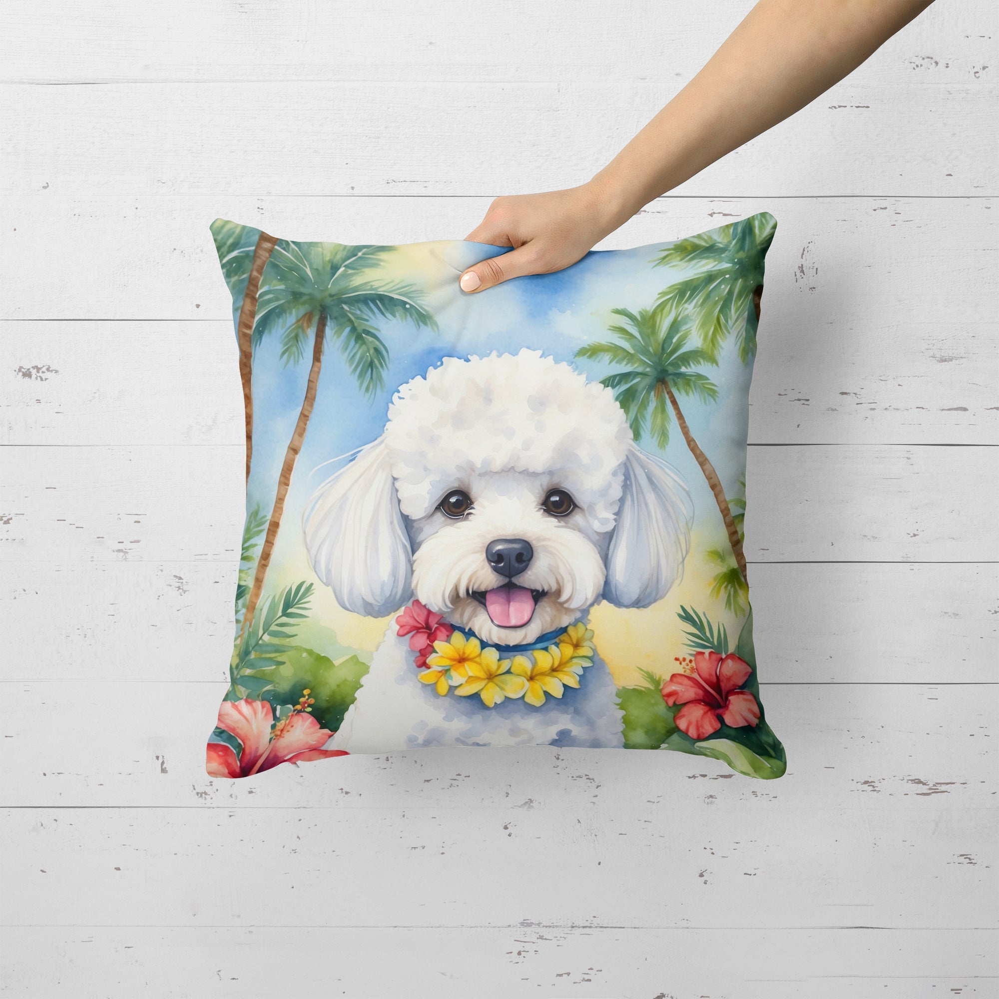 Bichon Frise Luau Decorative Throw Pillow 18x18 Indoor Outdoor Accent Cushion, Fabric Cover with Insert for Sofa, Bed, Porch & Living Room