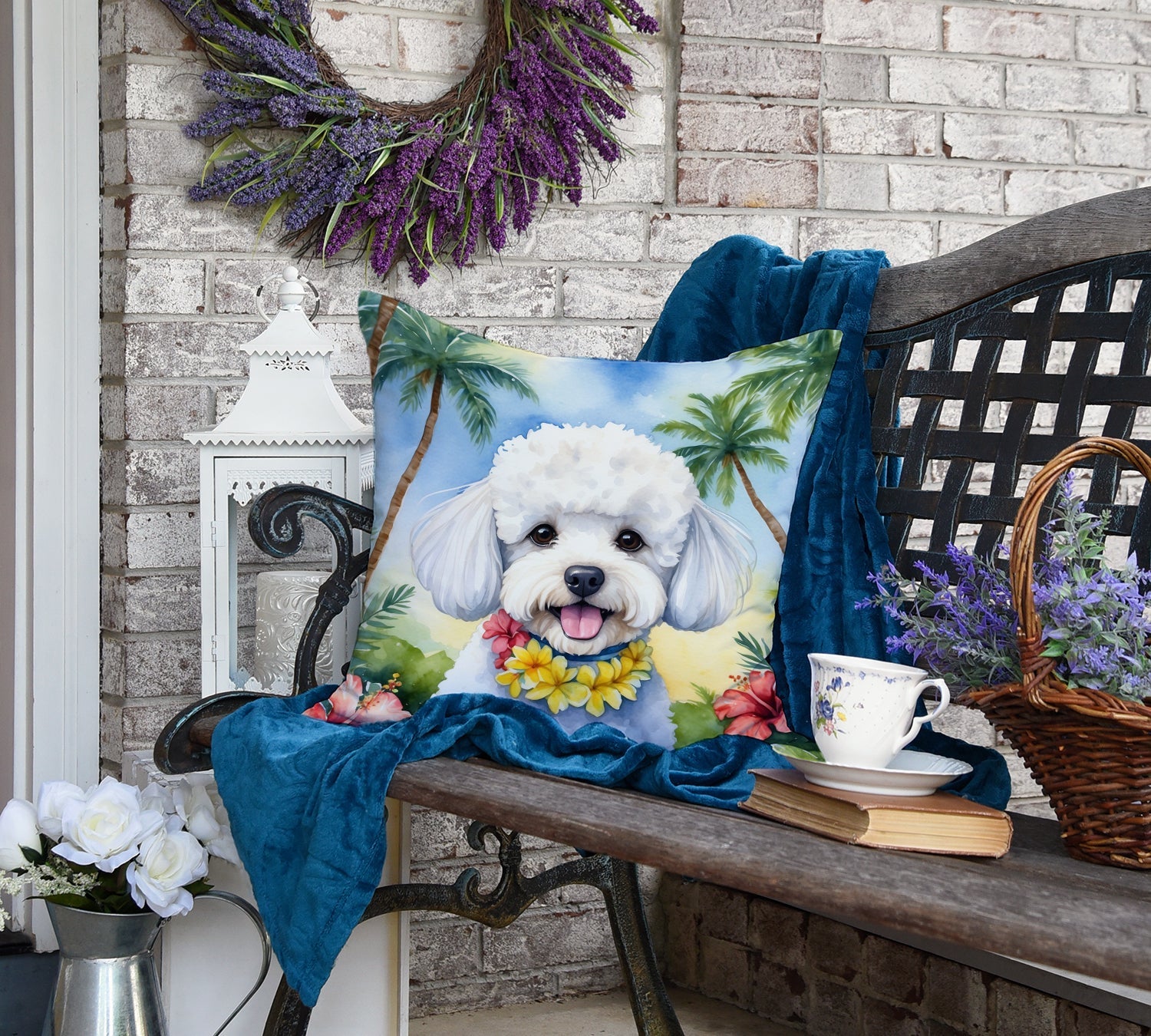 Bichon Frise Luau Decorative Throw Pillow 18x18 Indoor Outdoor Accent Cushion, Fabric Cover with Insert for Sofa, Bed, Porch & Living Room