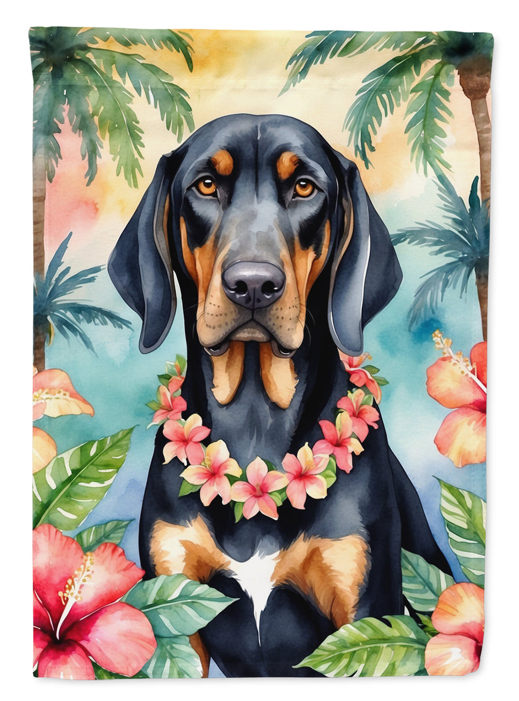 Black and Tan Coonhound Luau House Flag 28x40 Porch Sleeve Pole Decorative Outside Yard Banner Artwork Wall Hanging, Polyester