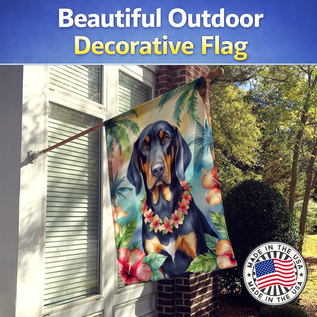 Black and Tan Coonhound Luau House Flag 28x40 Porch Sleeve Pole Decorative Outside Yard Banner Artwork Wall Hanging, Polyester