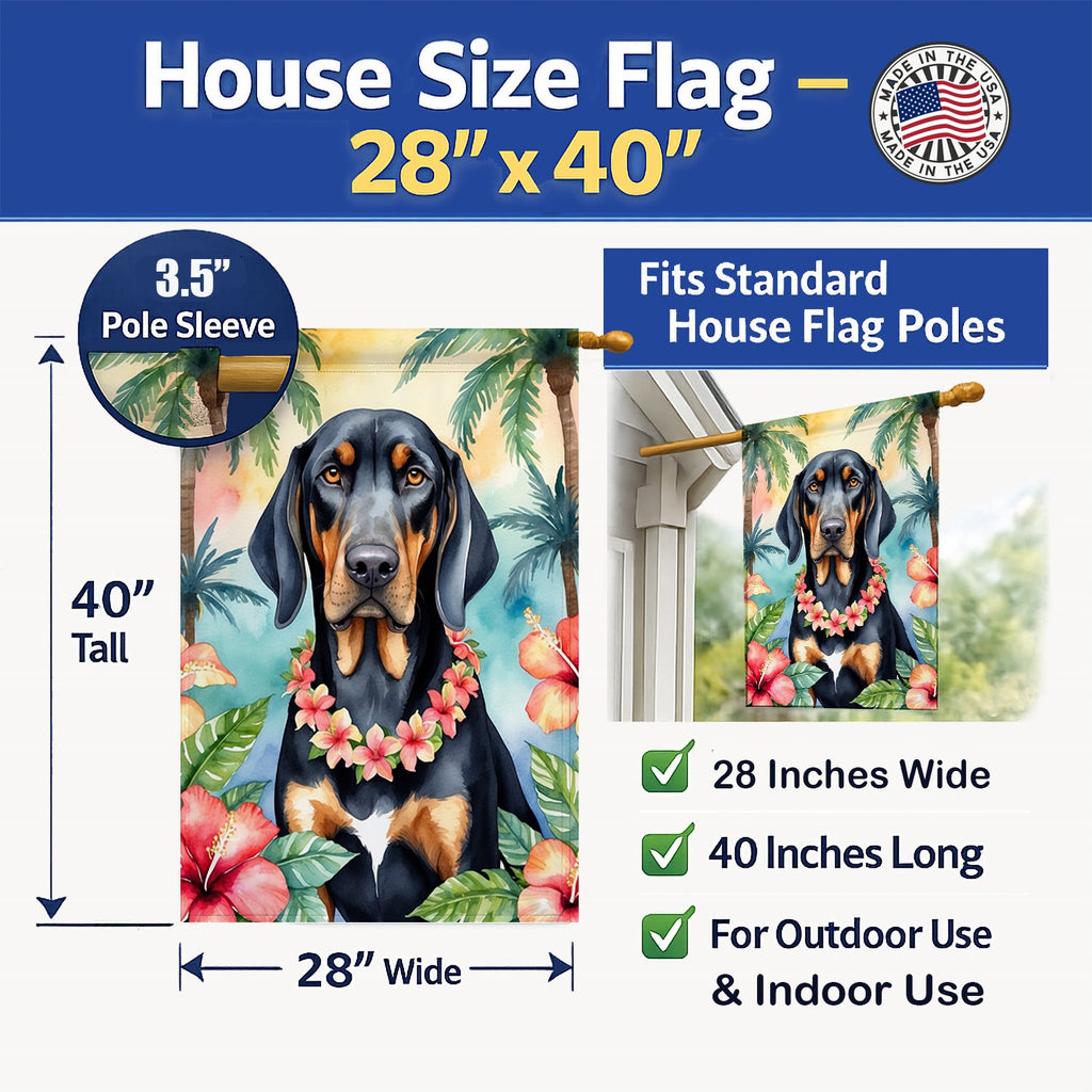Black and Tan Coonhound Luau House Flag 28x40 Porch Sleeve Pole Decorative Outside Yard Banner Artwork Wall Hanging, Polyester