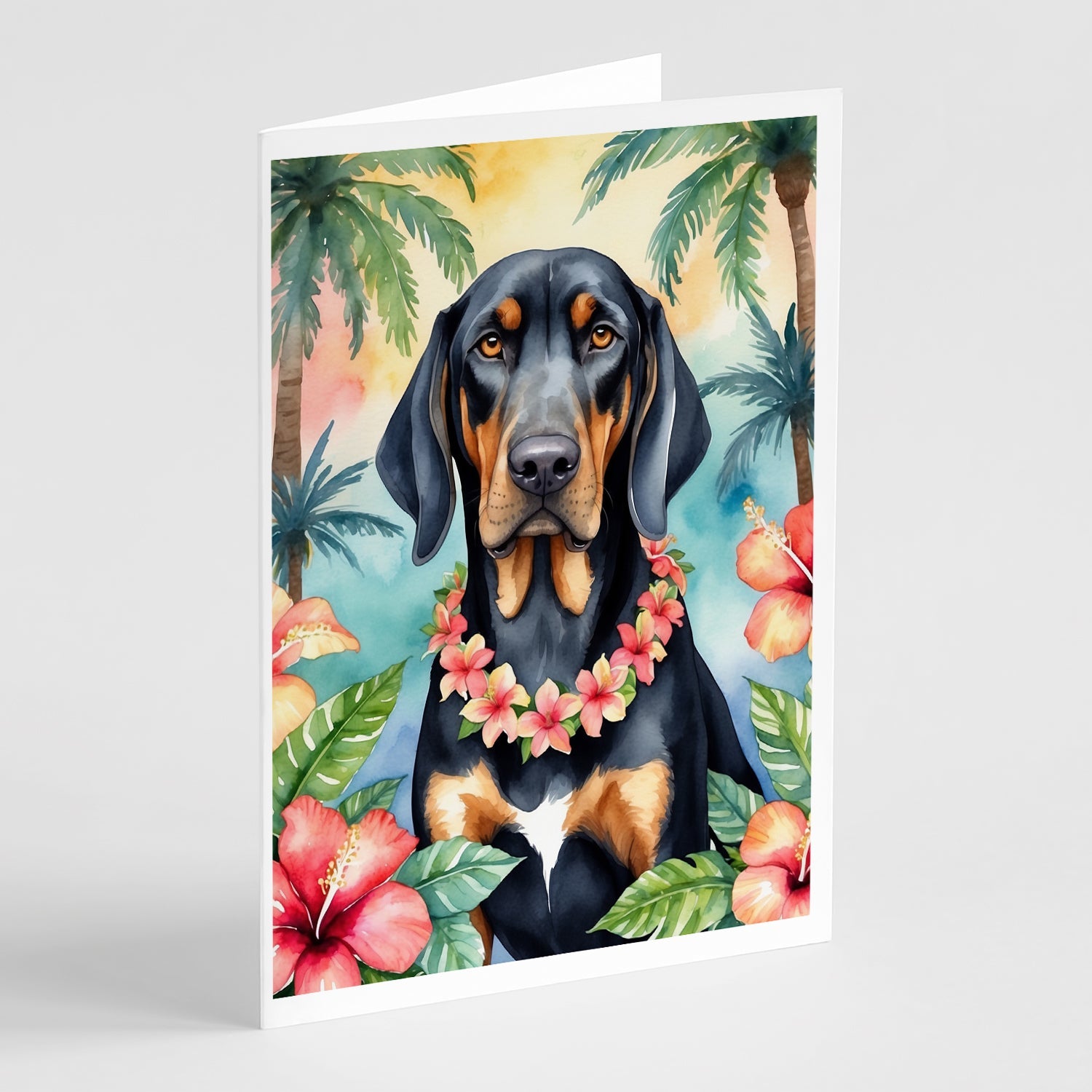Black and Tan Coonhound Luau Greeting Cards Pack of 8 Blank Cards with Envelopes Whimsical A7 Size 5x7