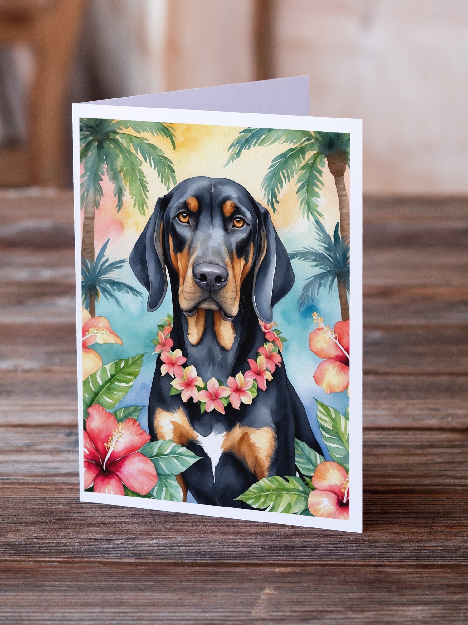 Black and Tan Coonhound Luau Greeting Cards Pack of 8 Blank Cards with Envelopes Whimsical A7 Size 5x7