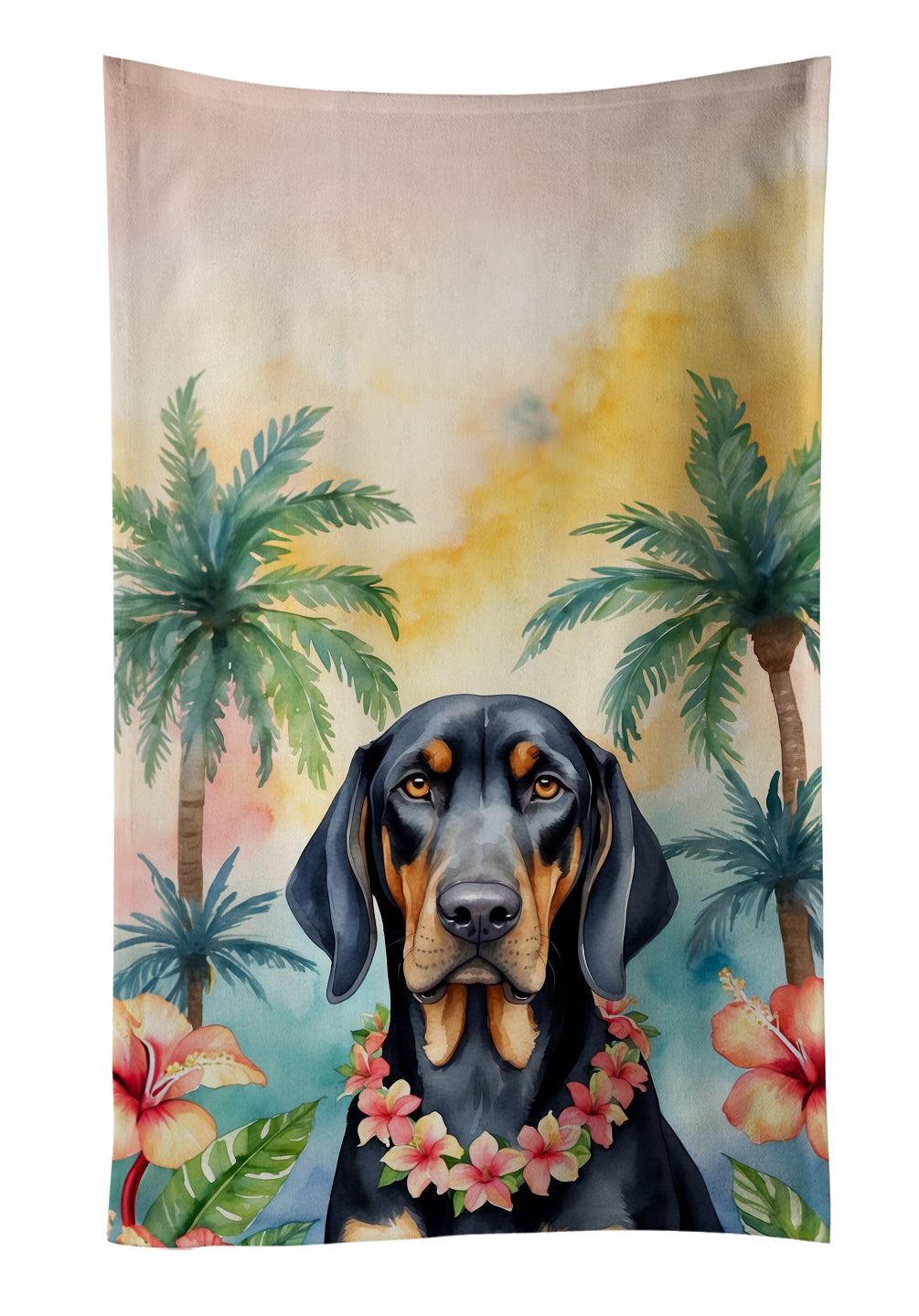 Black and Tan Coonhound Luau Kitchen Towel Velour Plush Front and Cotton Loop Back Machine Washable