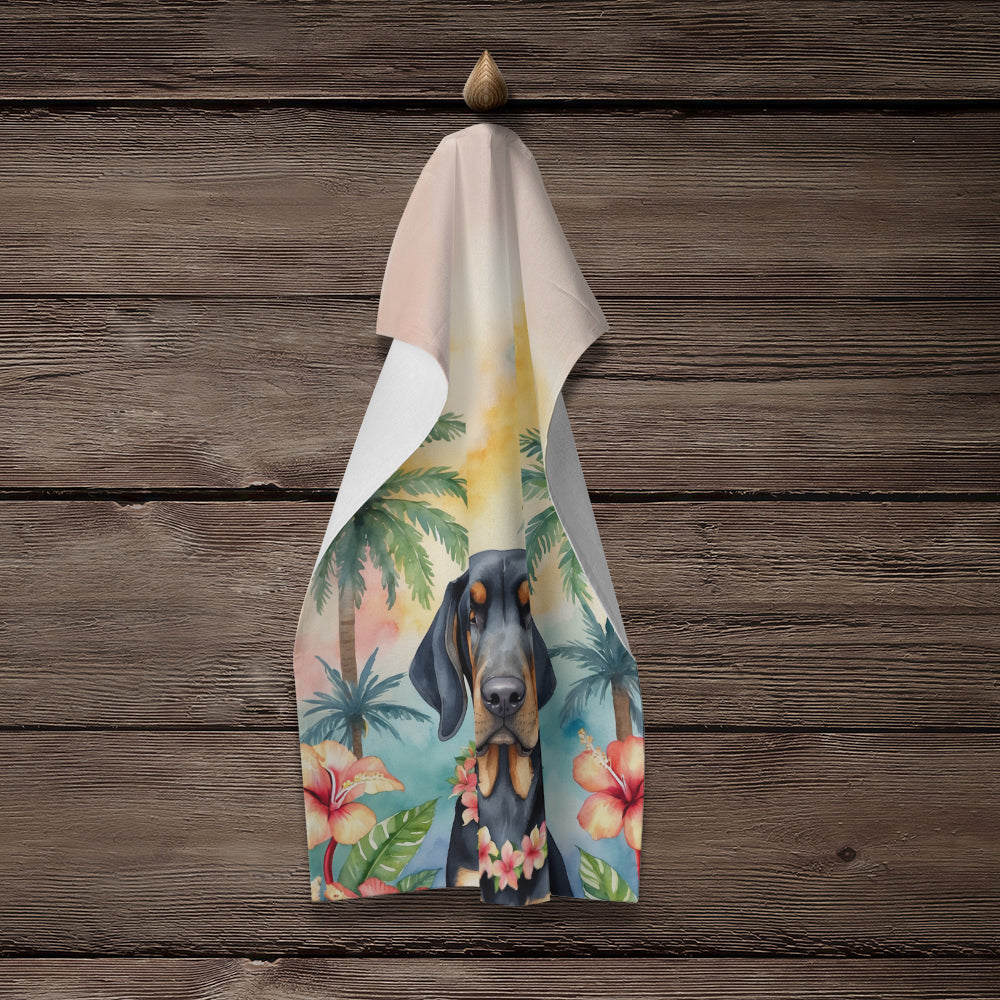 Black and Tan Coonhound Luau Kitchen Towel Velour Plush Front and Cotton Loop Back Machine Washable