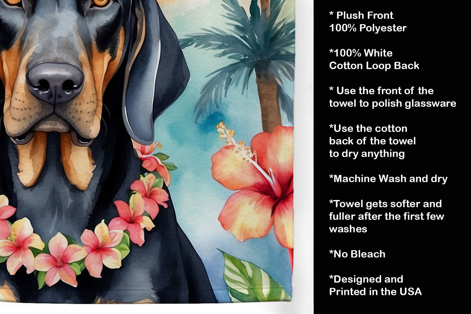 Black and Tan Coonhound Luau Kitchen Towel Velour Plush Front and Cotton Loop Back Machine Washable