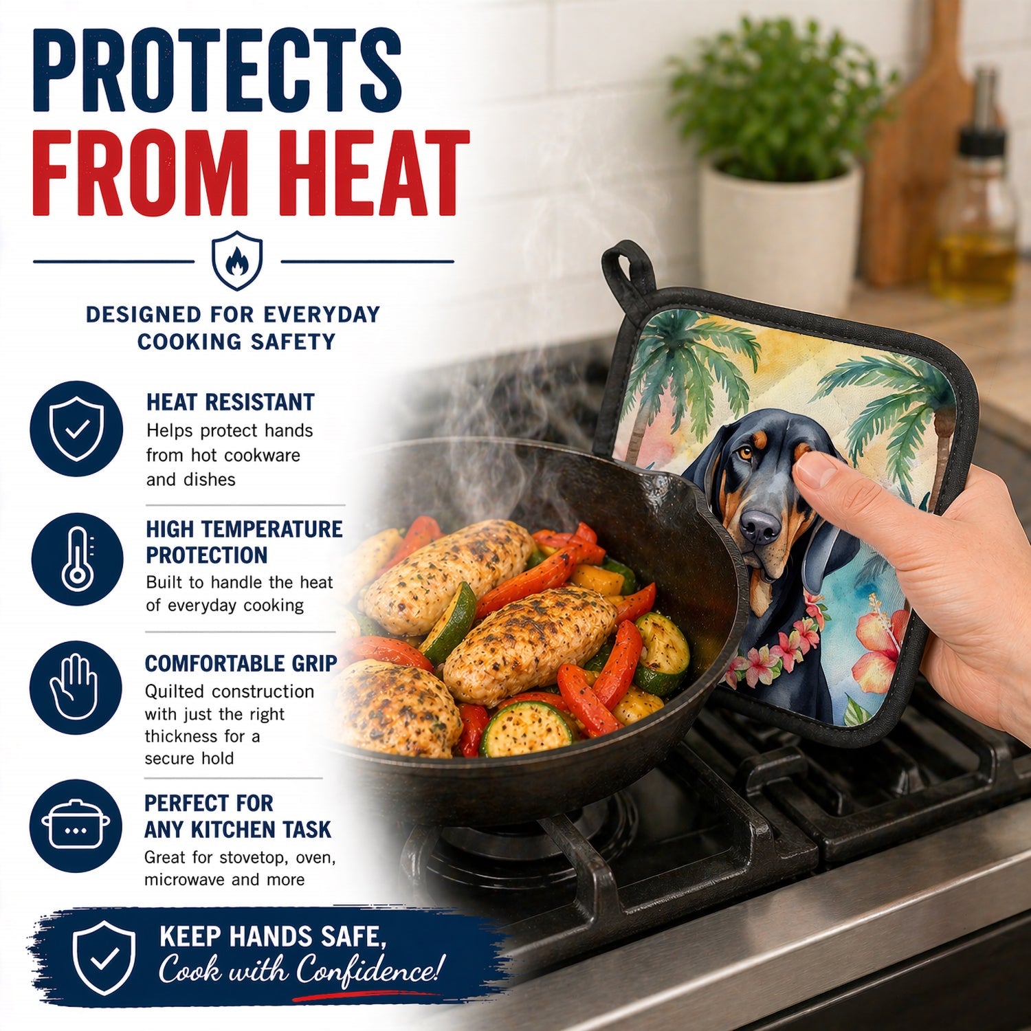 Black and Tan Coonhound Luau Pot Holder Set of 2 Heat Resistant Quilted Hot Pads 7.5 x 7.5 Inch, Insulated Kitchen Trivets for Cooking & Baking