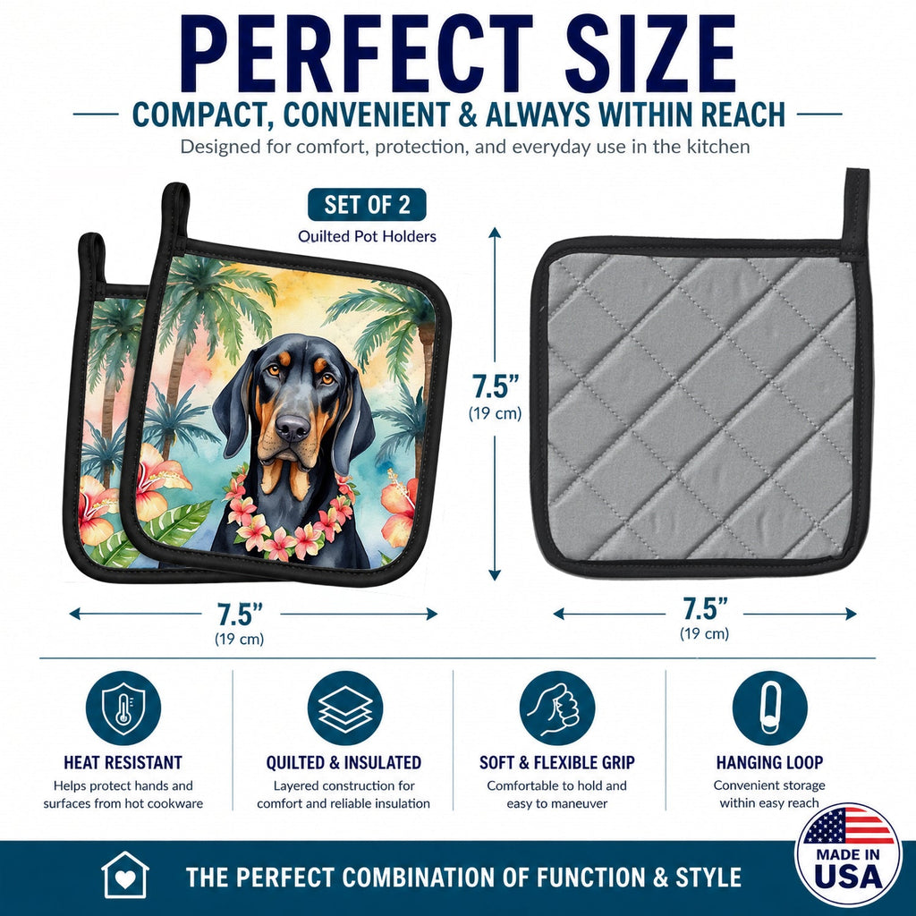 Black and Tan Coonhound Luau Pot Holder Set of 2 Heat Resistant Quilted Hot Pads 7.5 x 7.5 Inch, Insulated Kitchen Trivets for Cooking & Baking