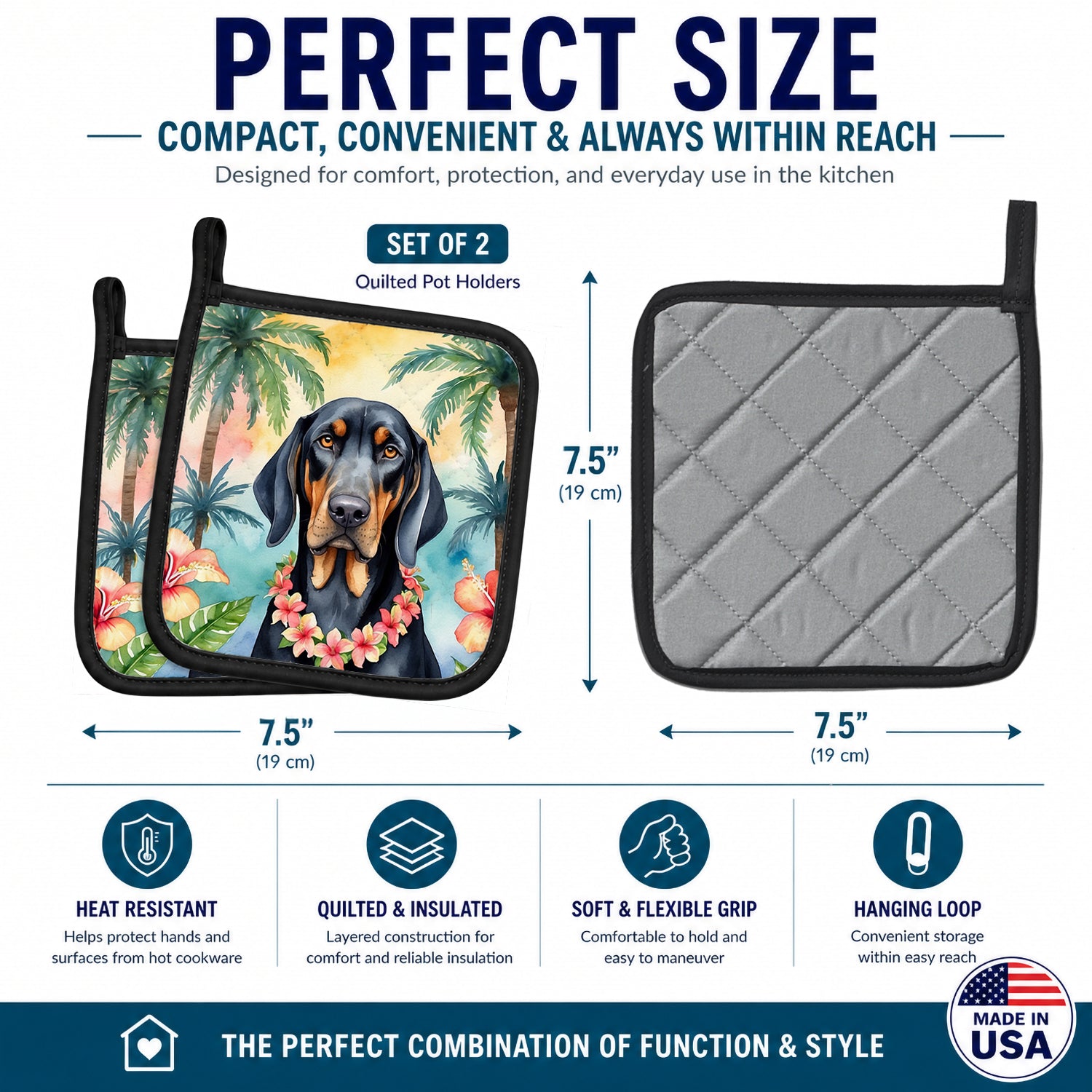 Black and Tan Coonhound Luau Pot Holder Set of 2 Heat Resistant Quilted Hot Pads 7.5 x 7.5 Inch, Insulated Kitchen Trivets for Cooking & Baking
