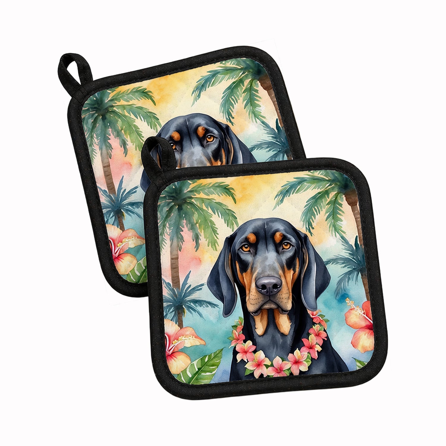 Black and Tan Coonhound Luau Pot Holder Set of 2 Heat Resistant Quilted Hot Pads 7.5 x 7.5 Inch, Insulated Kitchen Trivets for Cooking & Baking