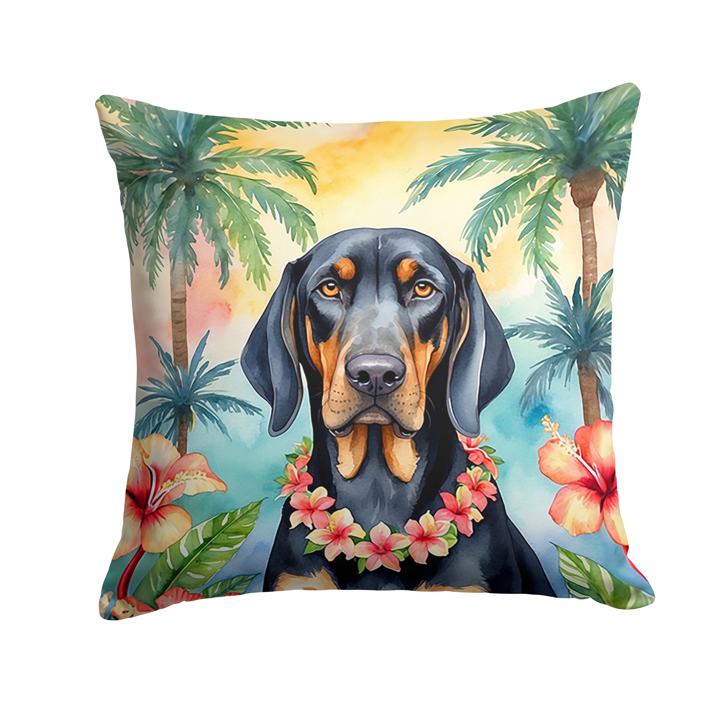 Black and Tan Coonhound Luau Decorative Throw Pillow 14x14 Indoor Outdoor Accent Cushion, Fabric Cover with Insert for Sofa, Bed, Porch & Living Room