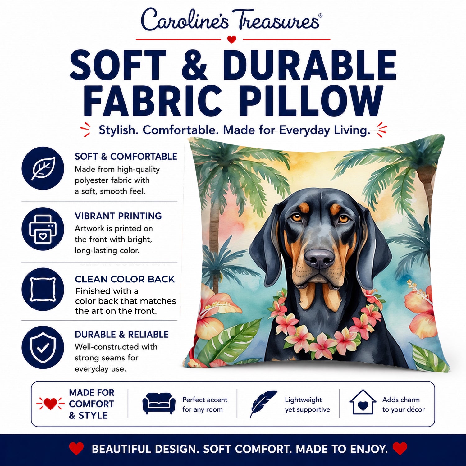 Black and Tan Coonhound Luau Decorative Throw Pillow 14x14 Indoor Outdoor Accent Cushion, Fabric Cover with Insert for Sofa, Bed, Porch & Living Room