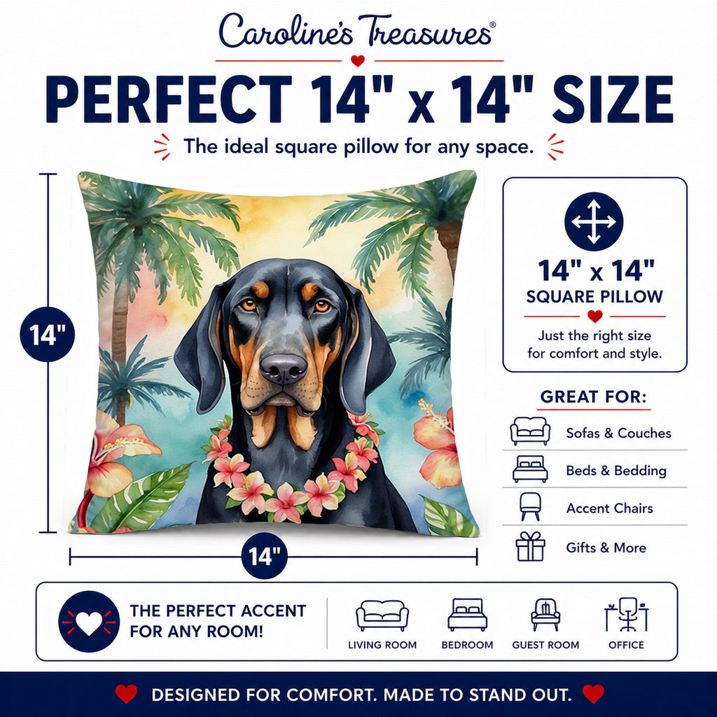 Black and Tan Coonhound Luau Decorative Throw Pillow 14x14 Indoor Outdoor Accent Cushion, Fabric Cover with Insert for Sofa, Bed, Porch & Living Room