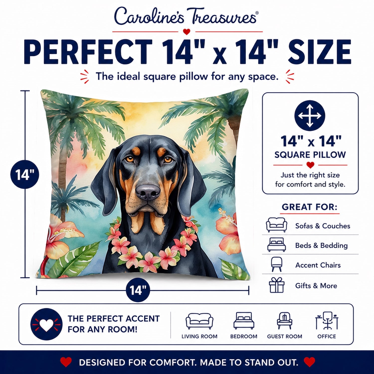 Black and Tan Coonhound Luau Decorative Throw Pillow 14x14 Indoor Outdoor Accent Cushion, Fabric Cover with Insert for Sofa, Bed, Porch & Living Room