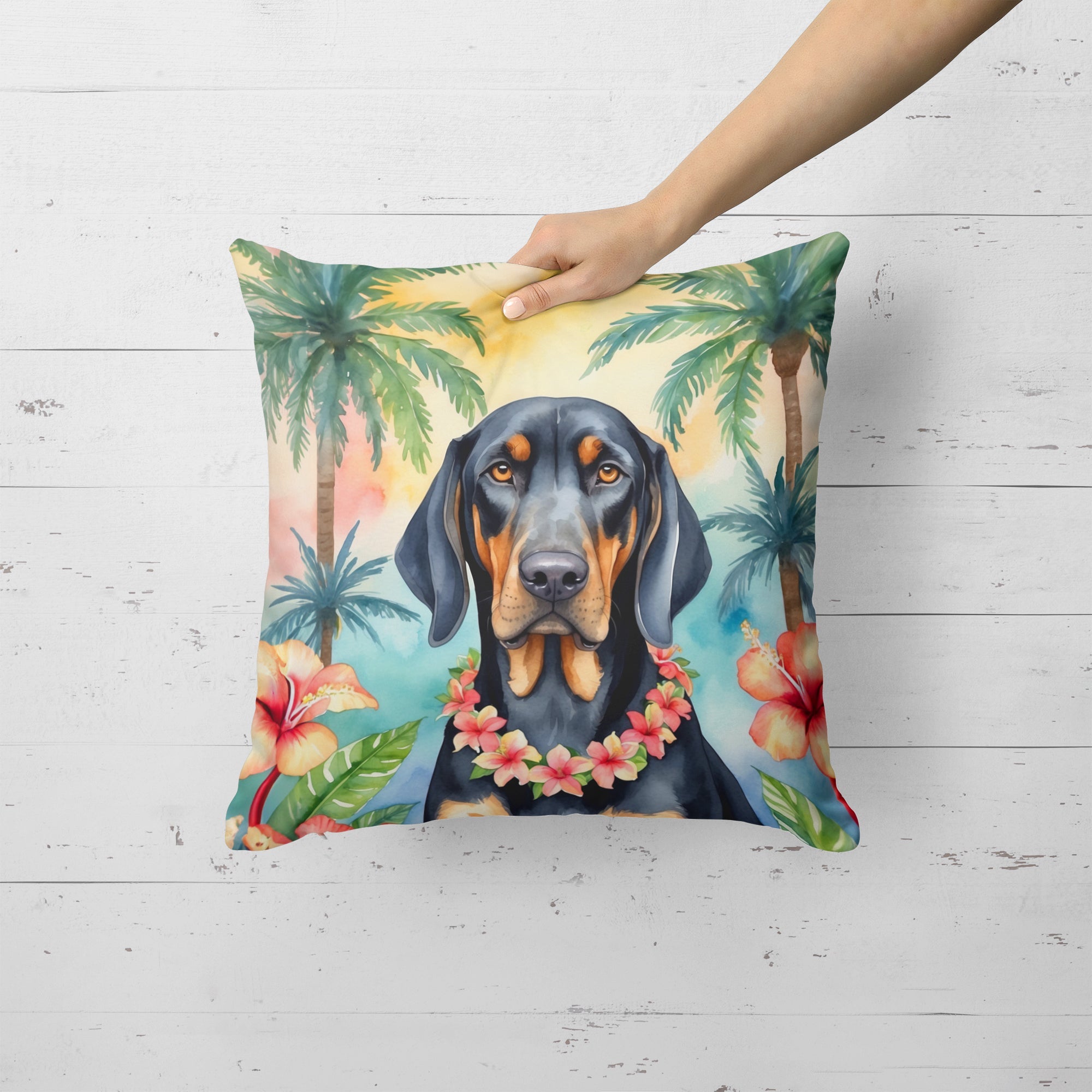 Black and Tan Coonhound Luau Decorative Throw Pillow 18x18 Indoor Outdoor Accent Cushion, Fabric Cover with Insert for Sofa, Bed, Porch & Living Room