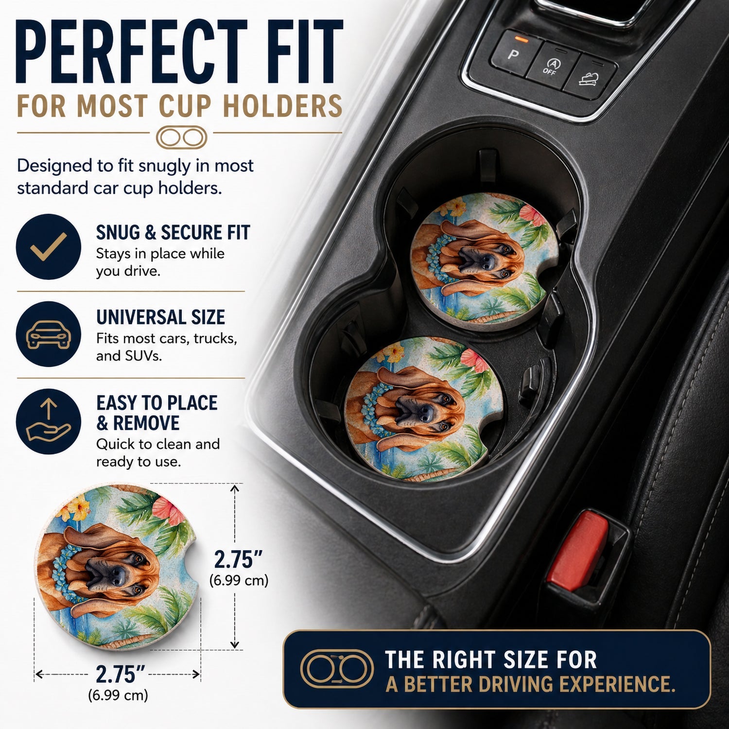Bloodhound Luau Set of 2 Cup Holder Car Coasters Absorbent Round Sandstone Coasters Gifts for Men or Women, 2.5, Multicolor